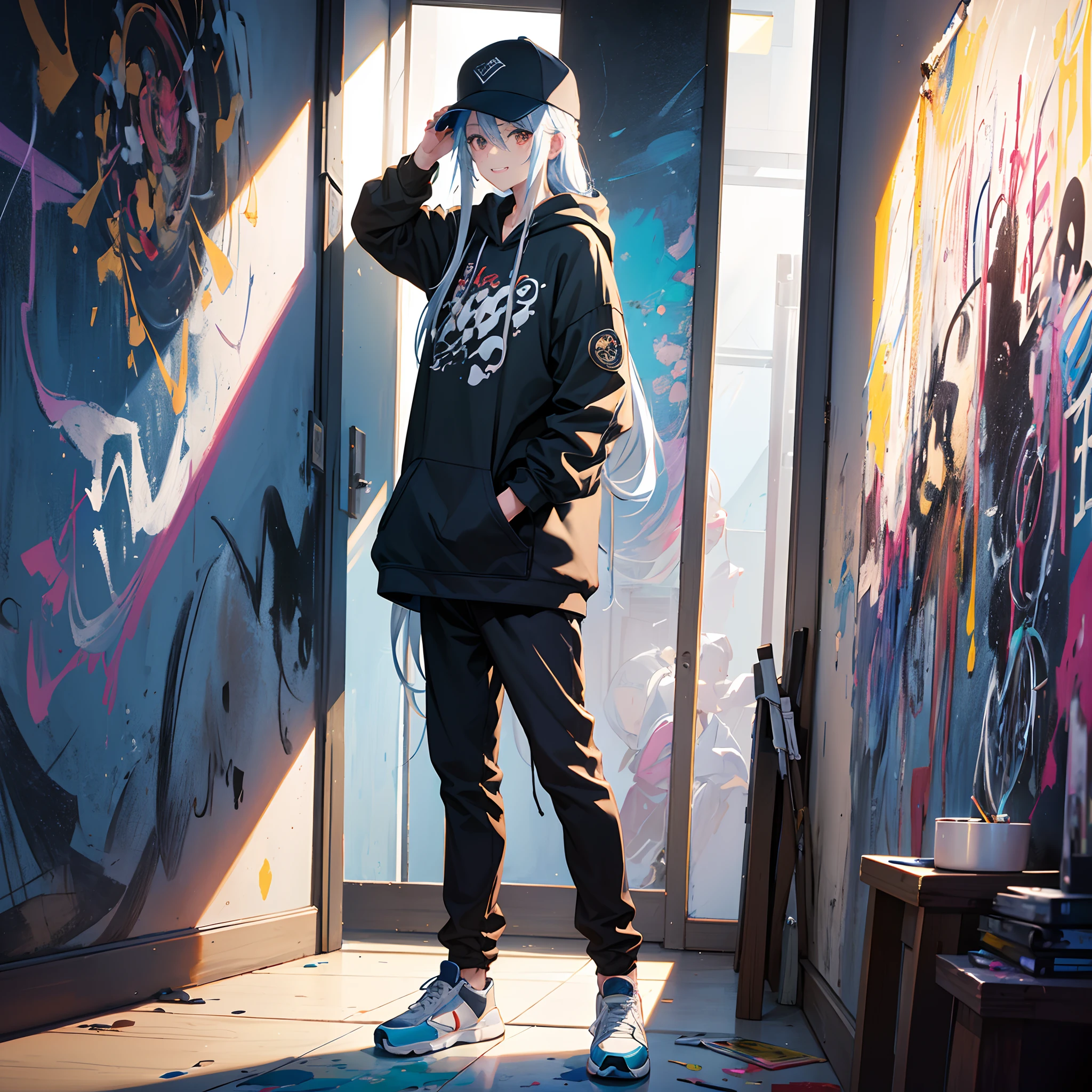 A man with long silver hair wearing sneakers is wearing a paint-stained hoodie and smiling fearlessly in front of colorful drawings and various paints splattered on the wall.He is leaning against the wall with a brush covered in paint. girl wearing a cap,anime style, (beautiful illustration1.3), (extremely detailed CG unity 8k portrait:1.3), (highly quality), (Breathtaking Scenery:1.3), raytracing