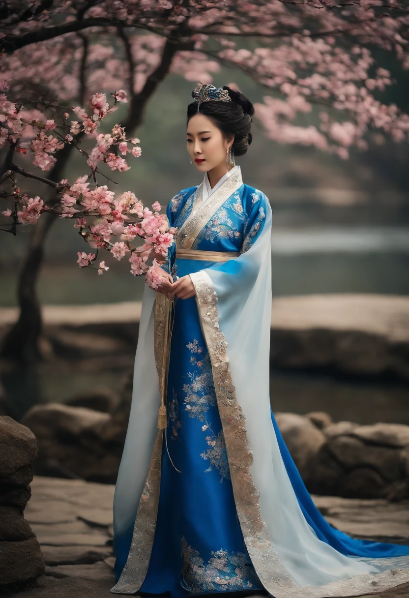 uma mulher em um vestido azul e branco com flores em seu cabelo, Hanfu, palace, em Hanfu, Hanfu Azul, Hanfu branco, wearing ancient chinese costume, ((Rainha da Fantasia Bonita)), Princesa chinesa antiga, Chinese style, traditional Chinese clothing, Roupas chinesas antigas, Rainha da Fantasia Bonita, Princesa chinesa, beleza tradicional,