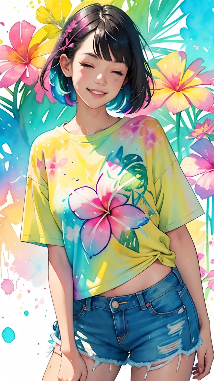 a Plumeria painting with a splatter background and spray paint effect, plumeria flower design t-shirt and jean shorts, upper body centered, multi-color hair, 1 eye closed, big happy smile, watercolor art, watercolor painting, watercolor painting style, watercolor detailed art, watercolor digital painting, watercolor paint, masterfully detailed watercolor, watercolor art