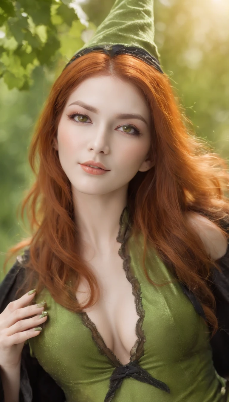 ( 8K, awardwinning, Best Quality), High Definition, Super Detail, high detailing, Anatomically correct, Perfect photo, (masutepiece: 1.3), (green skinned ,brown eyed ,orange hair ,Flirty Witch of lust:1.8), (flirting at you sexually while different parts of her bare skin is turning green and spreading 1.1),, ripped sexy black robes, Triangle has, sexy face Plot something、very Detailed hands、Detailed long sexy claw like fingernails 、(young women:1.8)、