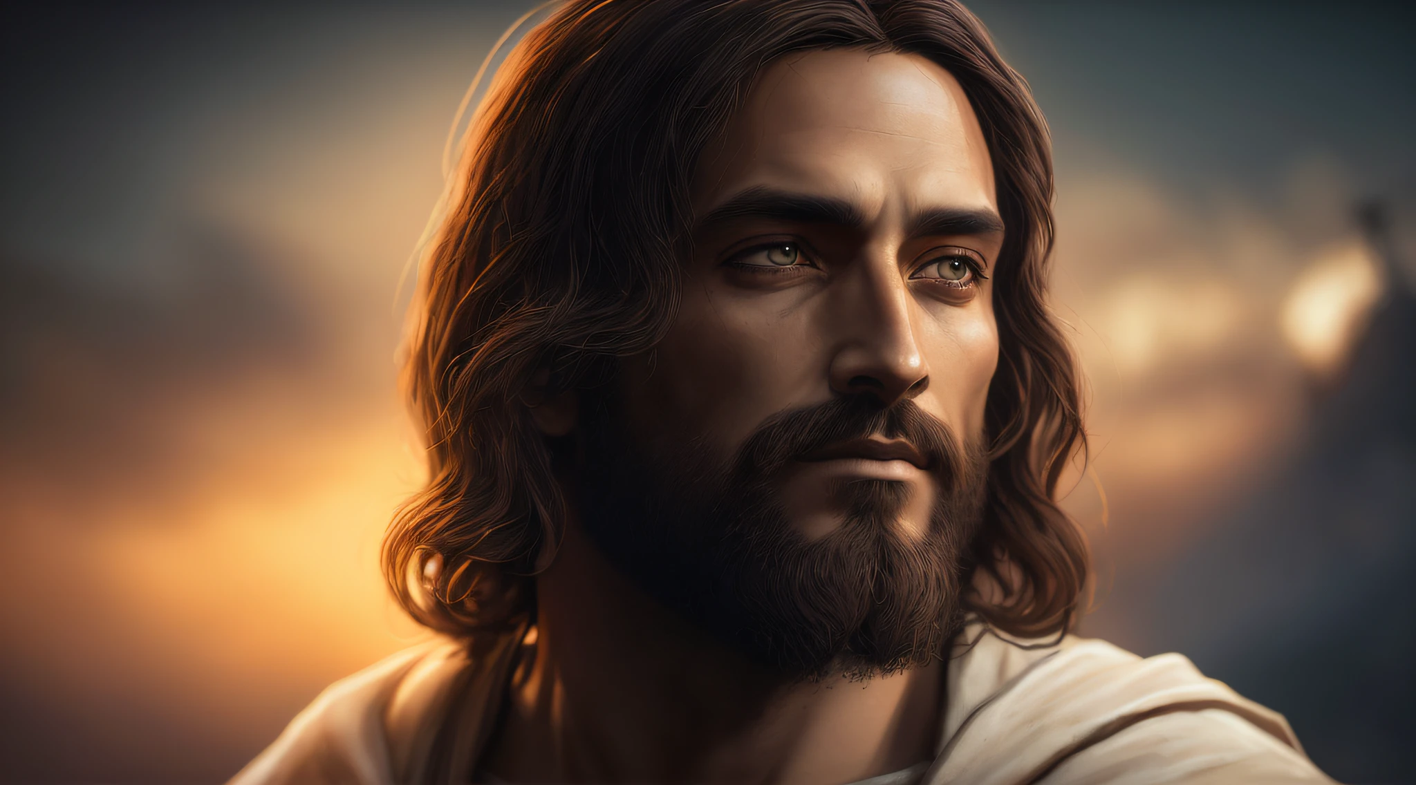 Jesus de cabelos compridos e barba olhando para o lado, Retrato de Jesus Cristo, Jesus Cristo, pintura digital ultra realista, 8k resolution digital painting, 8k resolution digital painting, pintura digital realista, Cinematic realistic portrait, renderizado em corona, rosto de Jesus, Jesus, 8k portrait render, jesus of nazareth, lindo pintura digital, Jesus Cristo em Mass Effect