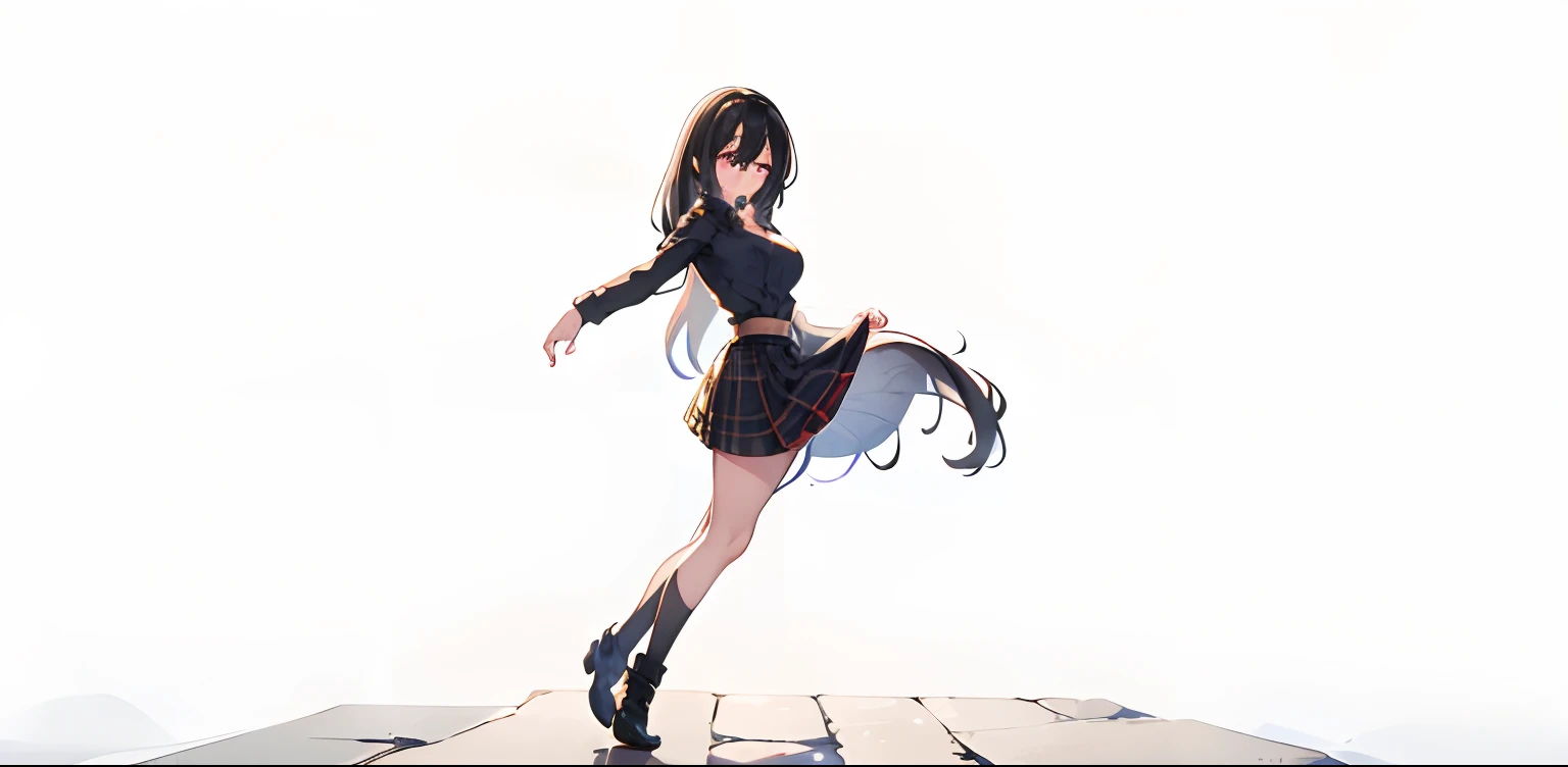 1chica, cabello negro, ojos rojos, camisa negra, camisa negra, Checkered skirt, pegando un golpe fuerte con la rodilla izquierda