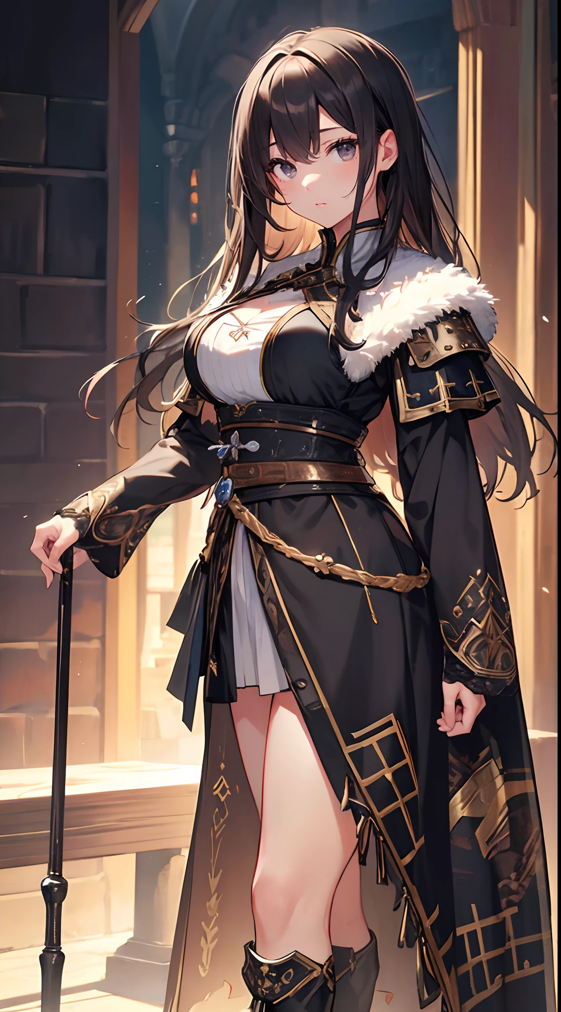 Solo，Absurd resolution、hight resolution、(​masterpiece:1.4)、ultra-detailliert、(Detailed finger),(One girl)、Beautiful detailed girl、A detailed face、clear and beautiful, Character as the main point of view, Radiant skin, Girls, femele, 年轻, (Dark hair),(length hair),(Black and beautiful hair),(Black eyes)kawaii、beautiful countenance、beautidful eyes,((Knights))、Fantasy costume,Original Character,((Wearing armor)),((Costumes of medieval Europe)), (thighs thighs thighs thighs:0.1),(Facing:1.2),(Full body portrait),(Standing:1.3),(shoes on),Simple background、((white backgrounid)), Female Warrior
