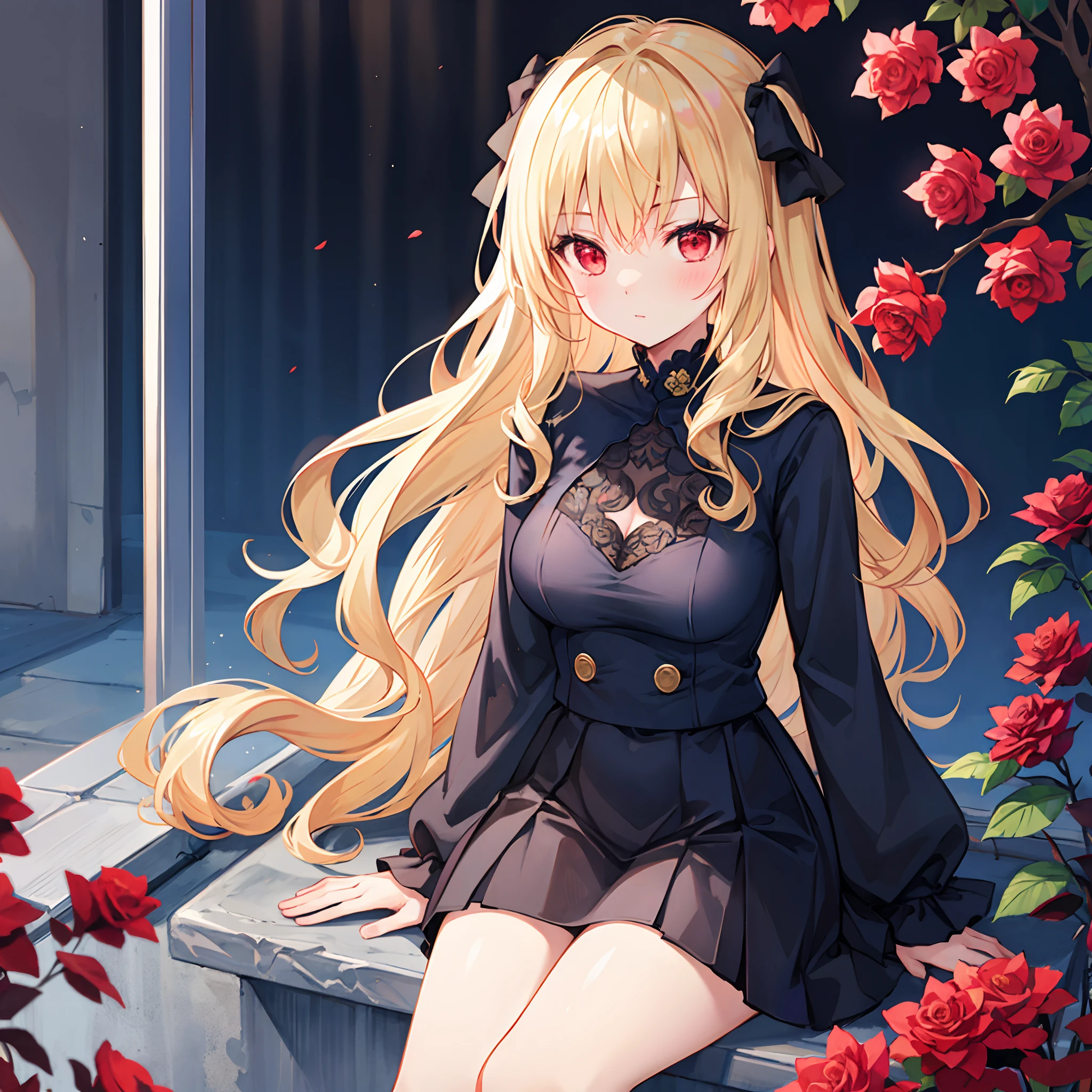 Girl with wavy blonde hair and red eyes、Sitting surrounded by roses、Navy blue sexy clothes