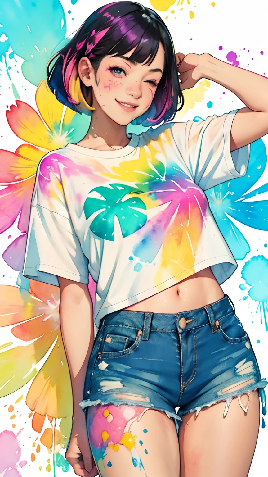 a Plumeria painting with a splatter background and spray paint effect, by Adam hughes, plumeria flower design t-shirt and jean shorts, upper body centered, multi-color hair, 1 eye closed, big happy smile, watercolor art, watercolor painting, watercolor painting style, watercolor detailed art, watercolor digital painting, watercolor paint, masterfully detailed watercolor, watercolor art