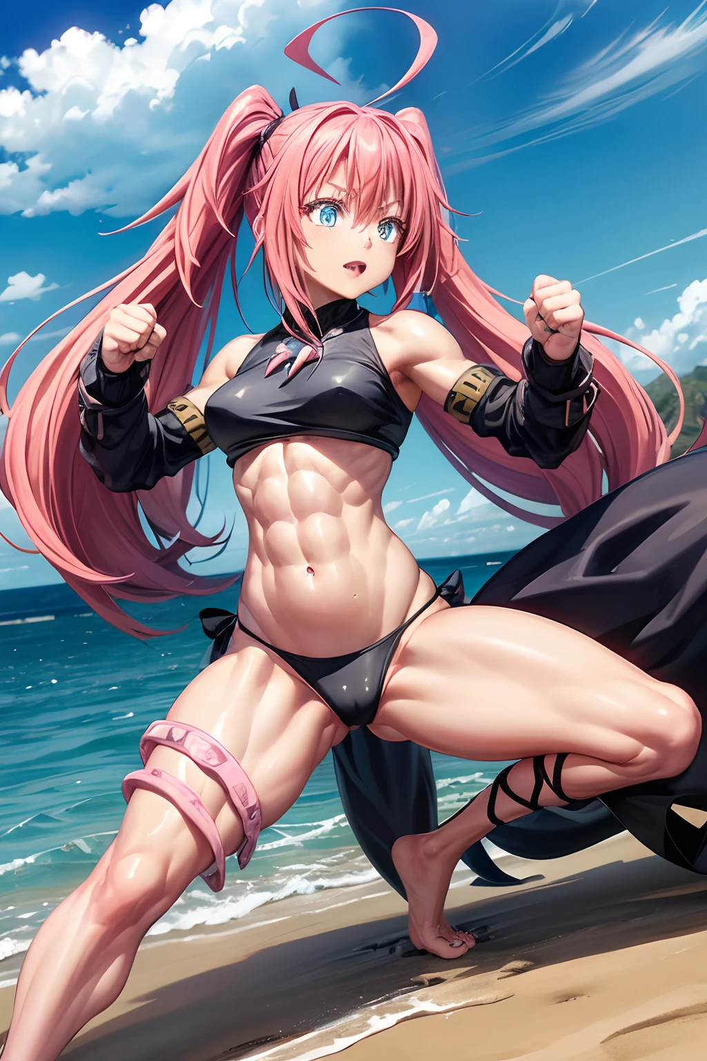 1Female, Tensei Shitara Slime Datta Ken(((Milim Nava))), Demon Lord King、Milim Nava's masterpiece body、High Quality, Armor black bikini,、Accurate Milim Face, (blue eyes,、pink hair, 、two-tailed、Proud double tails、barefoot, medium feet, ultra quality rounded toes, Ultra Detailed, rounded nails painted in black nail polish, Ultra Detailed、medium, (((muscular belly))), on the beach, (((Muscular legs) )), Ultra Detailed Face, Perfect setting, (((Fighting stance))), punching the air