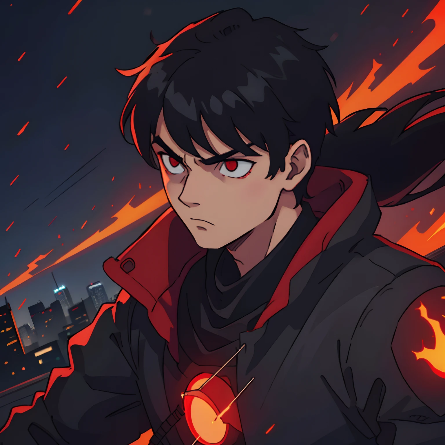 Black hair, glowing red eyes, serious, cold, half body up, urban background, cold, dark, man, male, young, bangs, 4k, good quality
