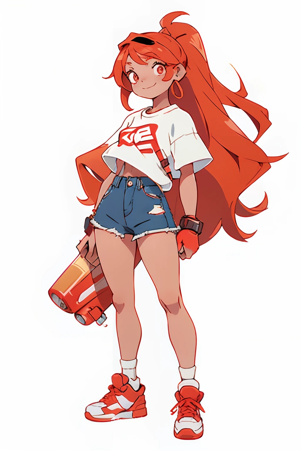 One on a skateboard,Girl in youthful fashion clothes,long whitr hair,red tinted hair,tee shirt,denim short,athletic sneakers,Sunny smile,solo person。are standing,simplebackground,white backgrounid