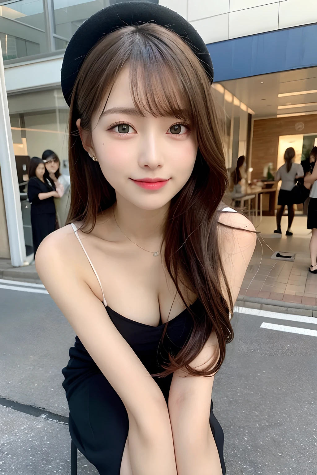 hight resolution, top-quality, Perfect dynamic composition, Beautiful detailed eyes, off shoulders、Radiant hair、Medium Hair, Natural Color Lip, college aged、Harajuku、A slight smil、Crouched figure、M-shaped legs