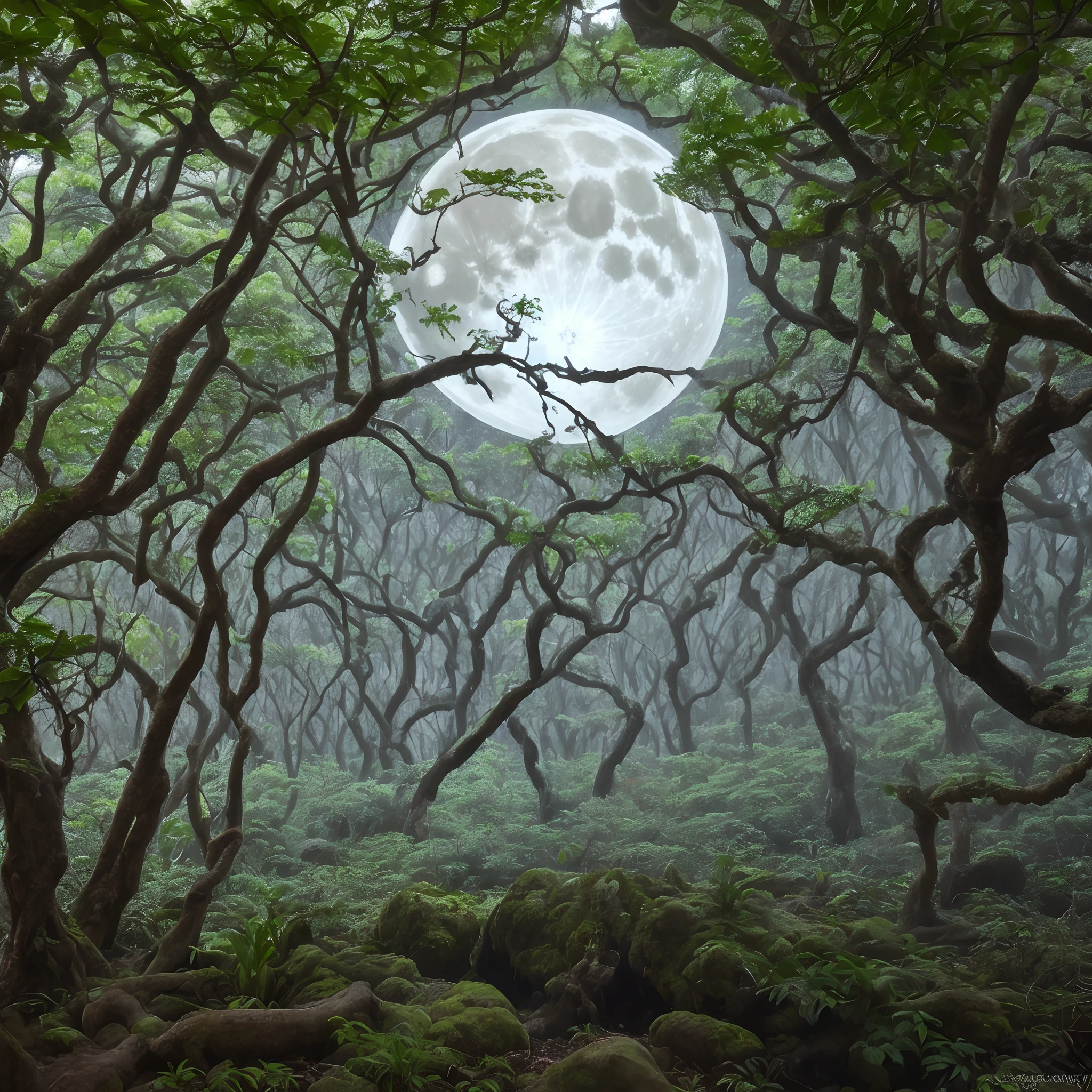 Cenario De Floresta Escura Com Uma Lua De Sangue