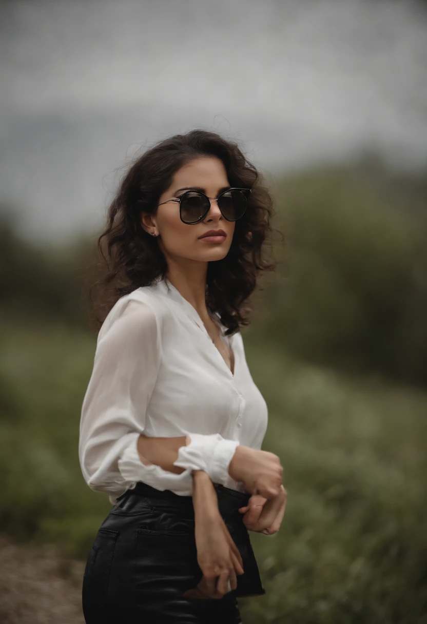 Un primer plano de una mujer con gafas y un collar, Ella tiene el pelo negro con flequillo, joven hermosa, con lentes, 1 7 - year - old goth girl, Cabello negro ondulado y lentes, 19 year old girl
