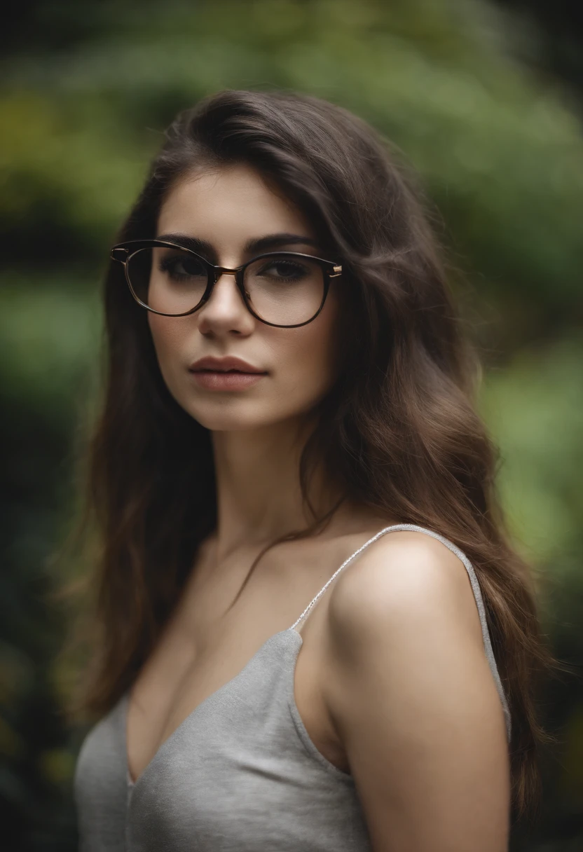 Un primer plano de una mujer con gafas y un collar, Ella tiene el pelo negro con flequillo, joven hermosa, con lentes, 1 7 - - old h girl, Cabello negro ondulado y lentes, 19 year old girl