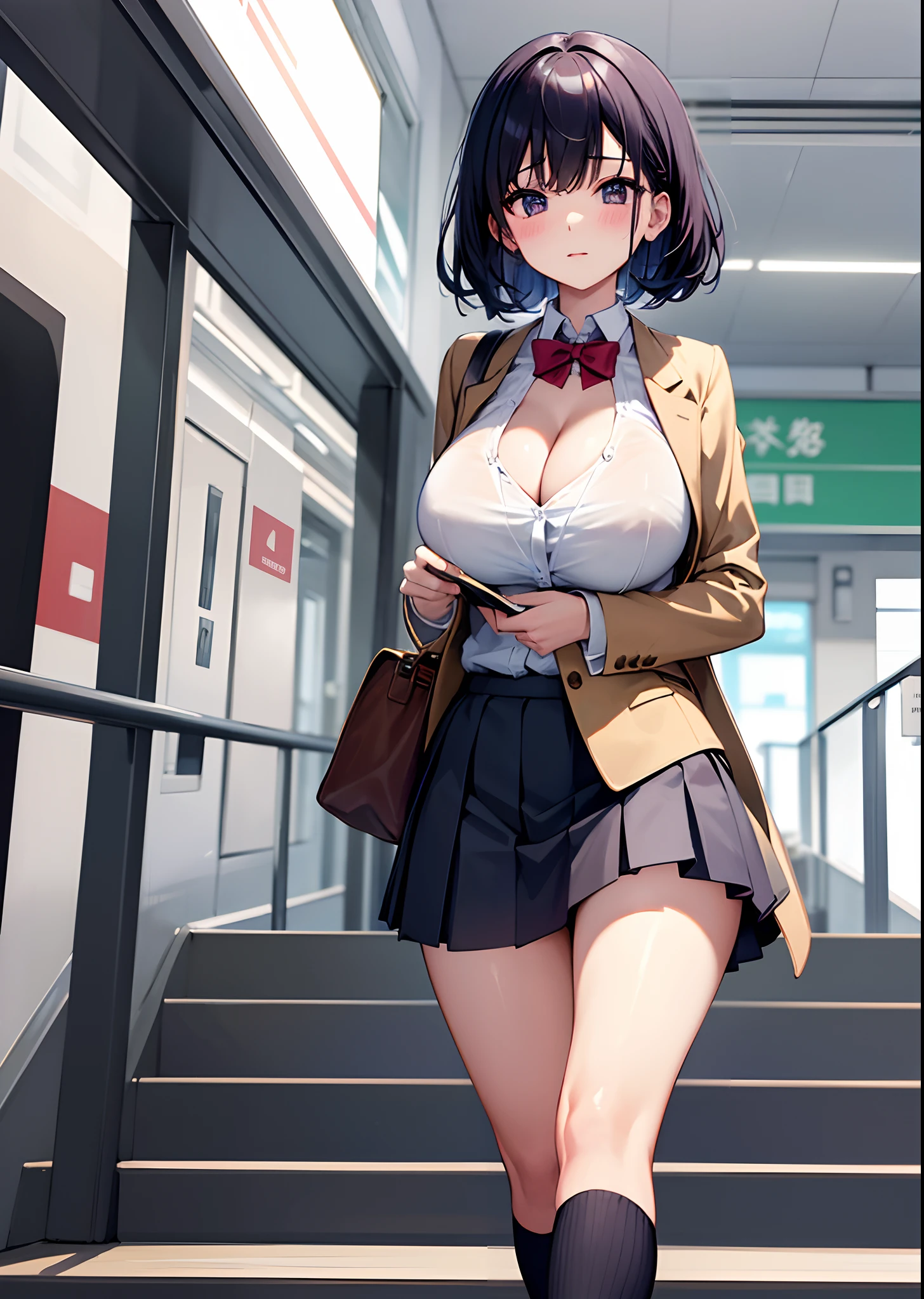 View from below、​master piece,fulcolor,3女の子, train station stairs, School uniform,((Perfect erotic panties)), ((Showing panties)),beautiful thigh、low angles:1.4、Multiple girls in blazers, pleatedskirt, Large crowds, Walking,, masutepiece, Best Quality, Highly detailed,End of summer,After school、tits out、huge tit、cleavage of the breast