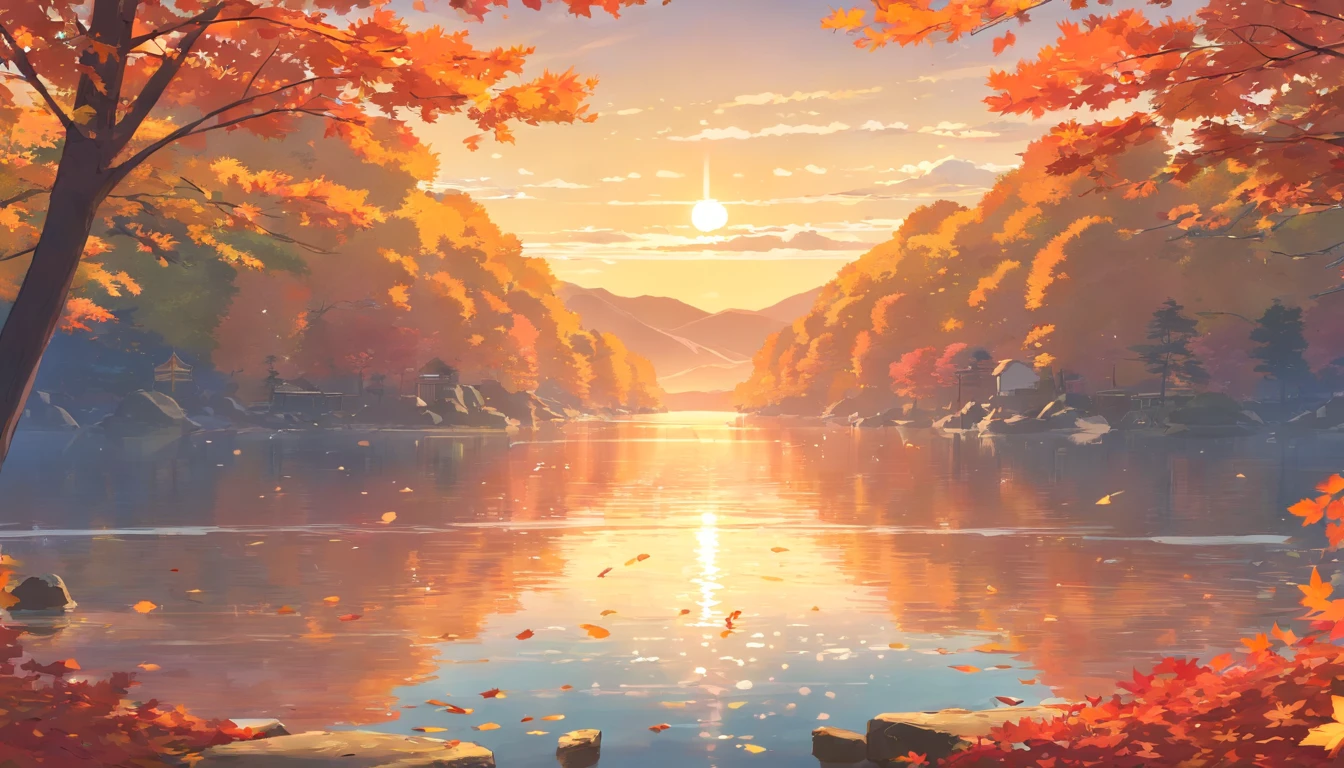 Autumn leaves in Japan、Autumn leaves that look like the mountains are burning、Sunset、Folhas de outono que parecem vermelhas no sol poente、Monte fuji、lago、Autumn leaves reflected on the surface of the lake、