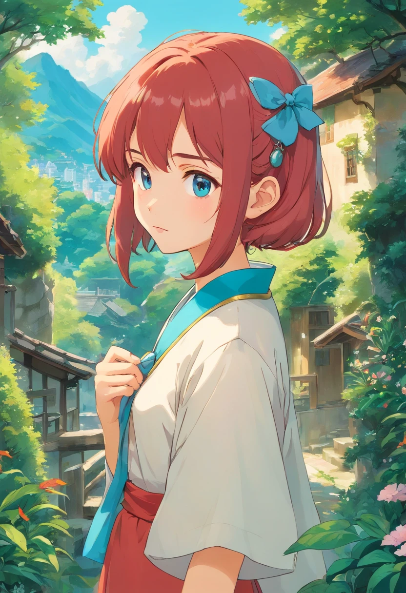 uma usando um colar de anime, um colar longo e brincos, no estilo de paisagens de jardim tranquilas, animated color photos, Masami Teraoka, aquamarine, Paulo Gauguin, Estilo Embry, retrato honesto