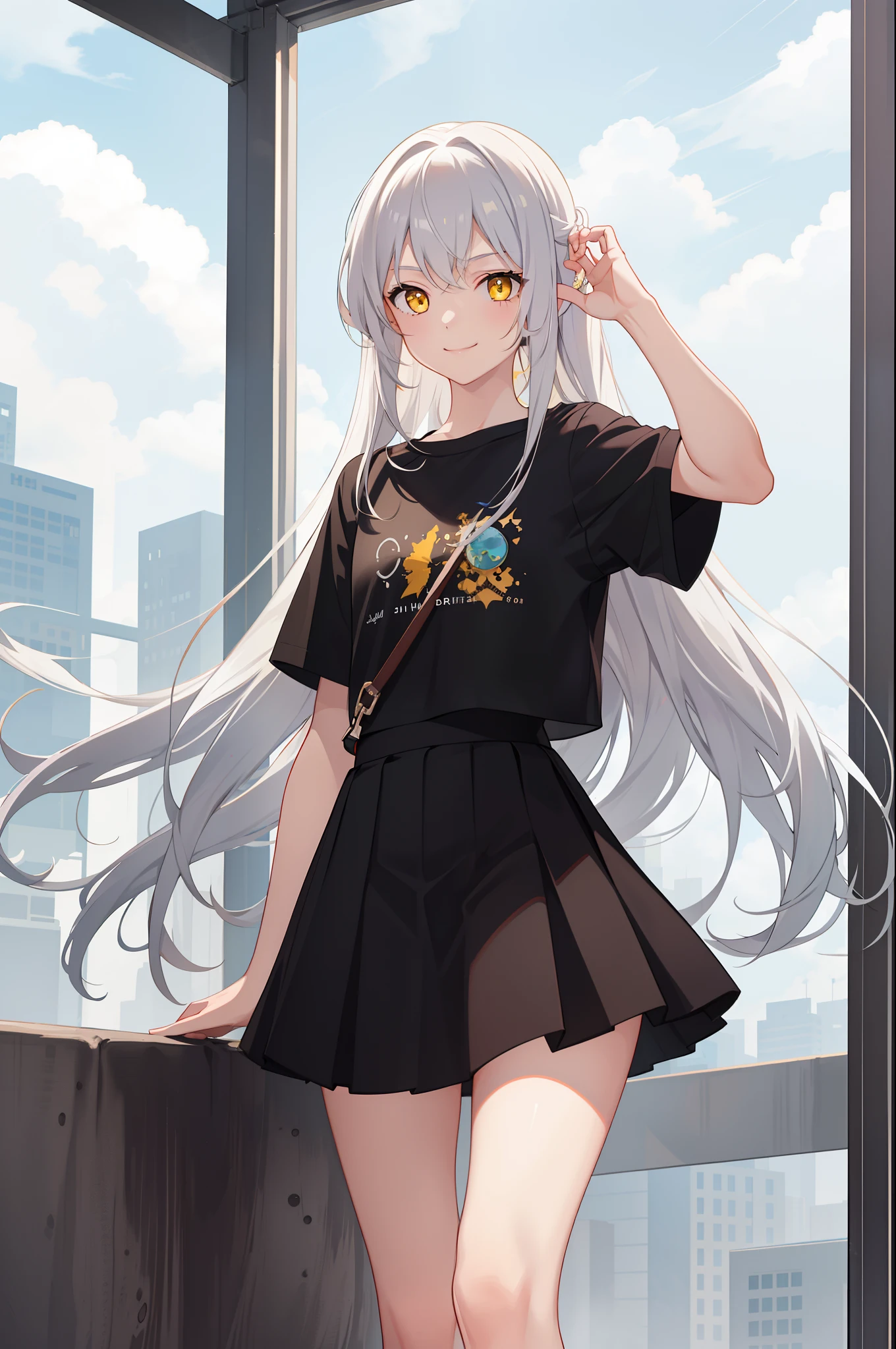 1 girl, smile, shirt, skirt, (small) chiralism, white long hair , yellow eyes
