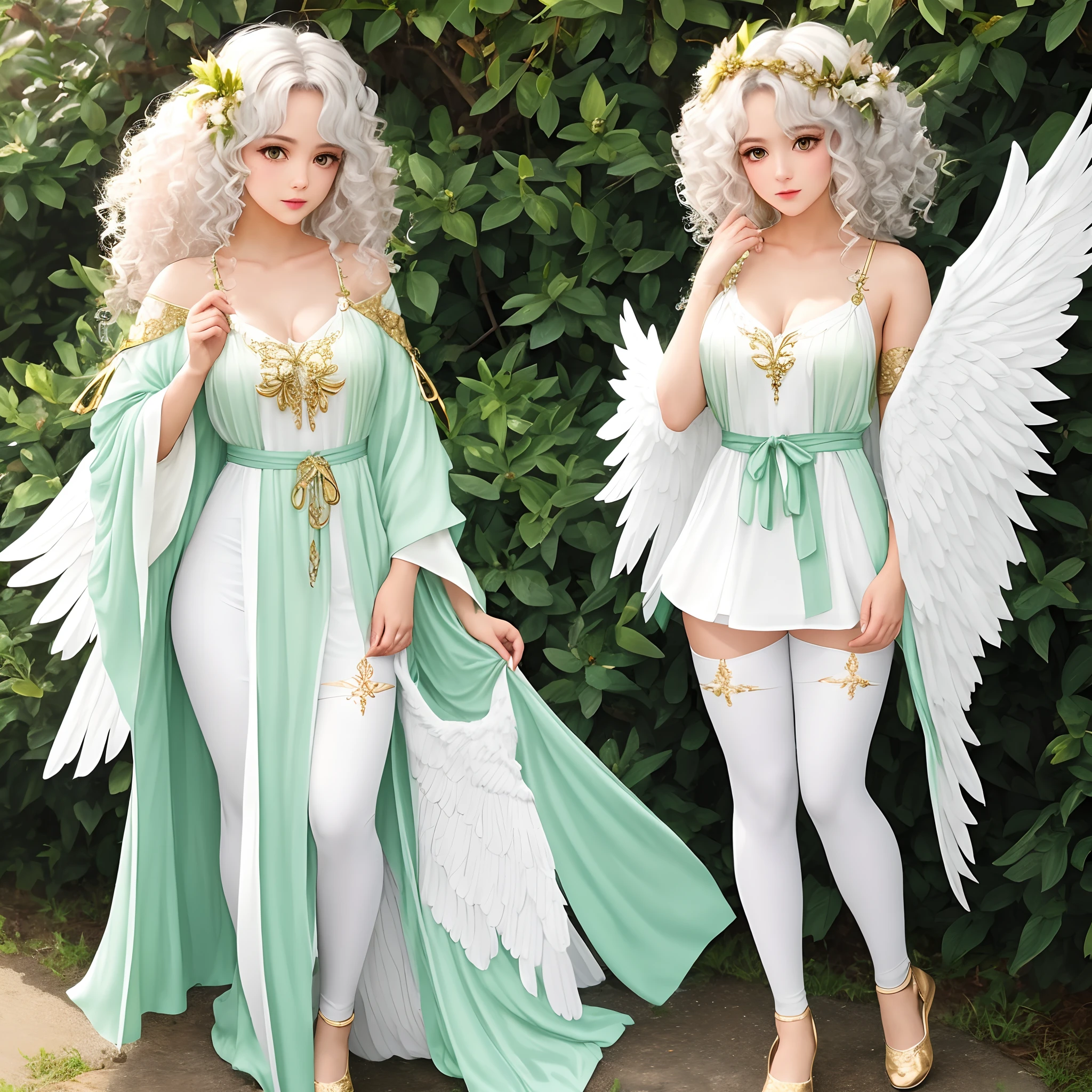 She has white curly hair with pastel green highlights. On he rhead, she has small white angelic wings with a gold gleam big enough to cover her face. She wears a robe that is cut on the sides so you can see her thighs and she doesn't wear shoes, instead there are white liner leggings they stop just below her knees. And she also has hige white angelic wings on her back to fly with.