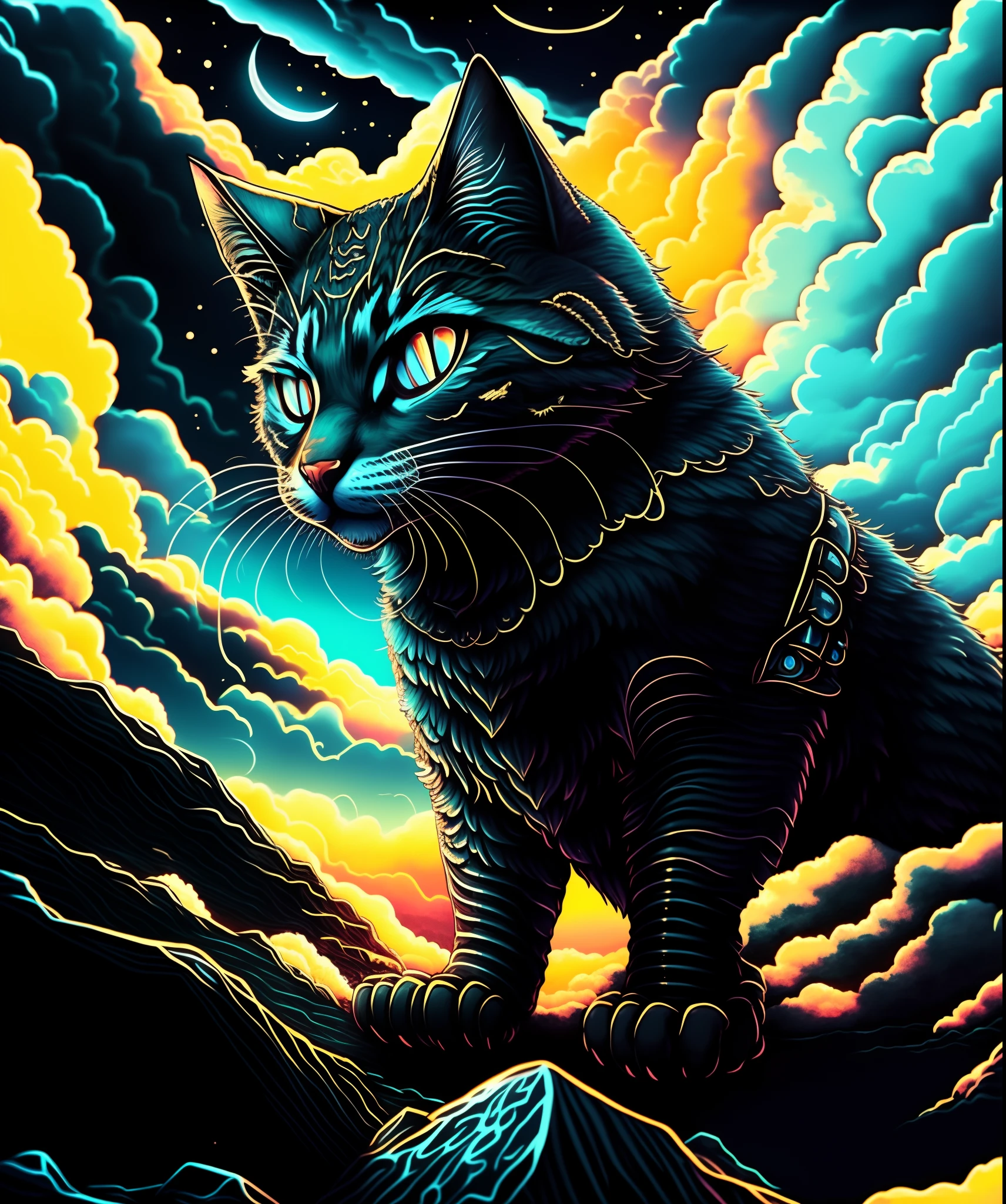 Gato preto olhando para o horizonte em cima de uma pedra, And with blue skies