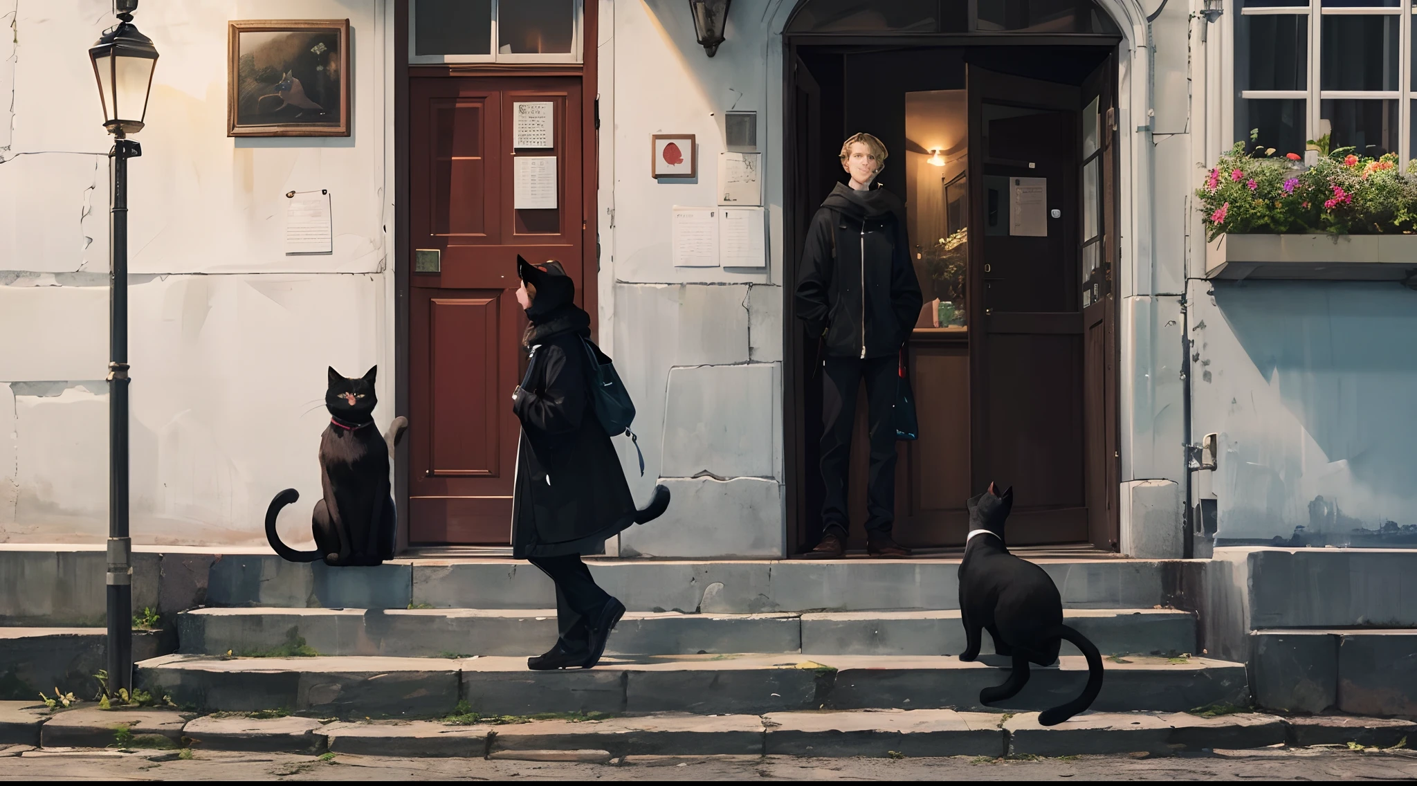 Make a black cat look at couples around Prague make it feel a sense of heartbreak and loneliness