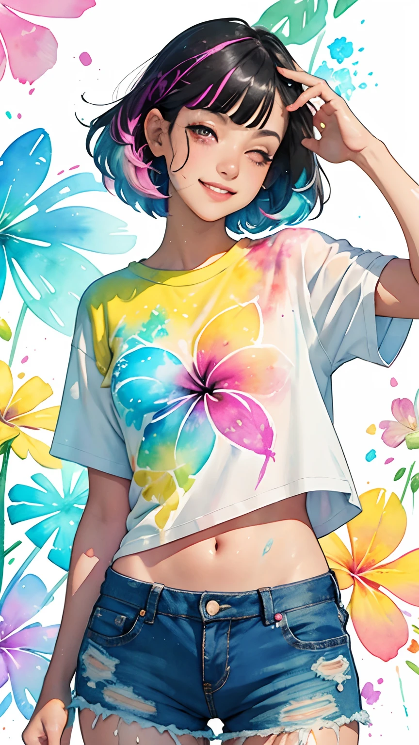 a Plumeria painting with a splatter background and spray paint effect, plumeria flower design t-shirt and jean shorts, upper body centered, multi-color hair, 1 eye closed, big happy smile, watercolor art, watercolor painting, watercolor painting style, watercolor detailed art, watercolor digital painting, watercolor paint, masterfully detailed watercolor, watercolor art