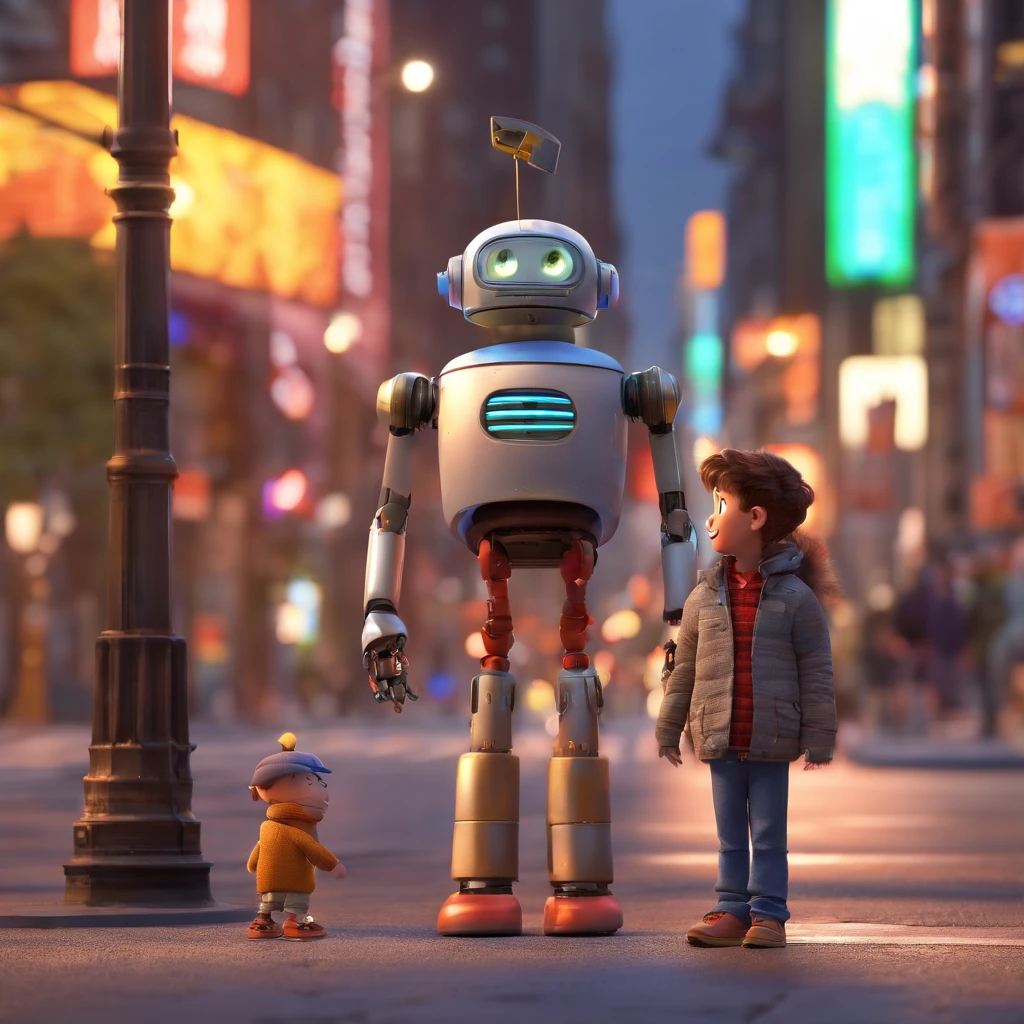 done in the pixar style, a robot asking a little boy for directions, they are on a busy street in new york