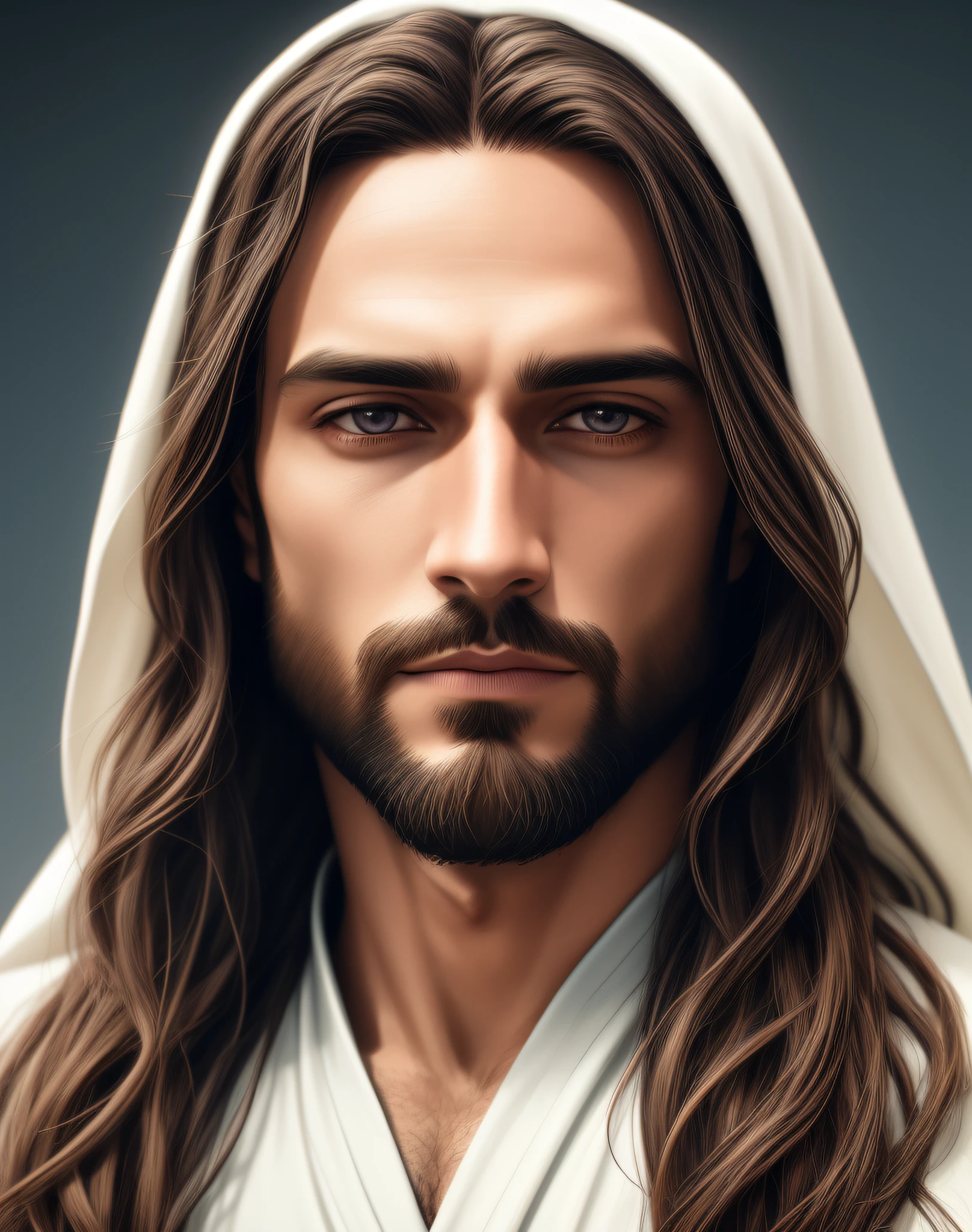 Man with long hair and hood on his head, Retrato de Jesus Cristo, Jesus Cristo, rosto de Jesus, Vestido como Jesus Cristo, jesus of nazareth, Jesus, pintura digital ultra realista, rosto masculino bonito, bonito impressionante realista, Jesus Cristo em Mass Effect, Macho bonito, jovem bonito, homem bonito, buracos em um homem religioso, Cyberpunk Jesus Cristo
