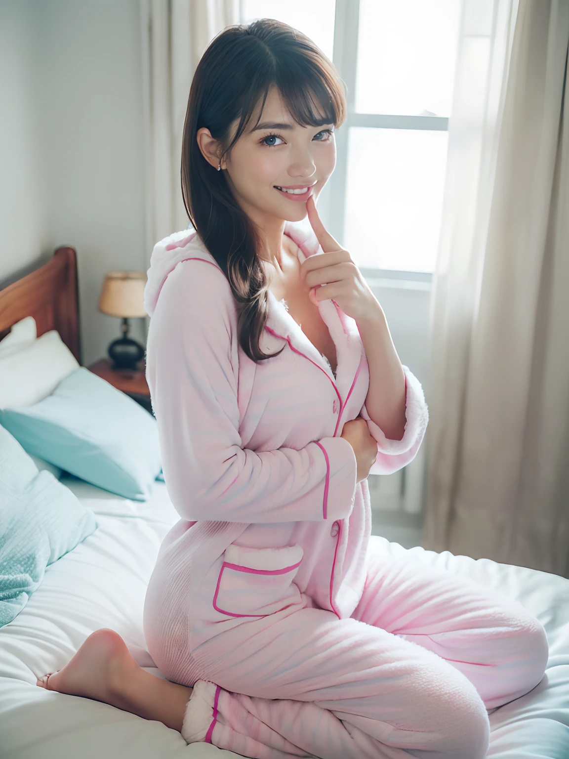(((Japan and half Spanish beauty,Too big size for her,Parker Pajamas,The hood is lowered.,Mokomoko thick pajamas,Very chunky pajamas,Chunky blanket pajamas,white, Light blue and pink pajamas,white, shuicolor,Fur pajamas,Pajamas in the middle of winter,Chunky fluffy,Light blue and pink pajamas,White pajamas, white, Light blue and pink stripes,Cute pajamas in pastel colors,Chunky brushed back,fluffly,Soft breasts,Colossal tits,Breast bulge,Warm pajamas in Moco Moco,Sitting on a bed in a room,Pretty Girls Room,Perfectly recreate the girl's room))),((Perfect makeup,long eyelashes,Glitter powder on the face,Oversized pajamas,Cotton pajamas,Looking at the camera,Red cheeks,Biggest smile,Phenomenally cute face,de pele branca,glistning skin,Clean teeth,perfect teeth,White teeth,finerly detailed face,Quality and beautiful face,Clear and beautiful face,Perfect smile,Perfect fingers,Perfect hands,Accurate 5 fingers,high-definition RAW color photography, professional photograpy, extremely delicate and beautiful, Extremely detailed,finely detail, Huge file size,Top image quality,8K,Photos taken with a single-lens reflex camera))