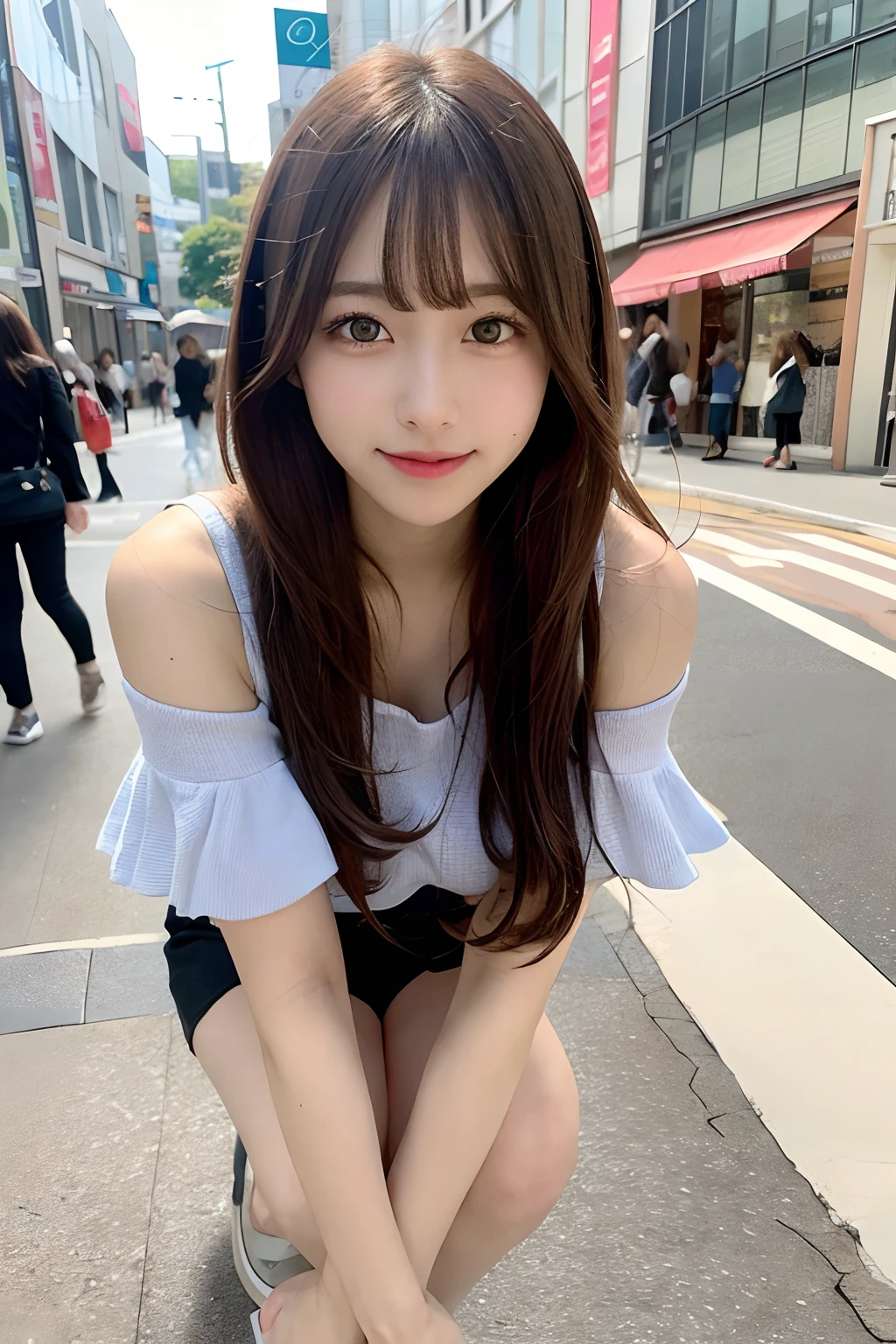 hight resolution, top-quality, Perfect dynamic composition, Beautiful detailed eyes, off shoulders、Radiant hair、Medium Hair, Natural Color Lip, college aged、Harajuku、A slight smil、Crouched figure、M-shaped legs