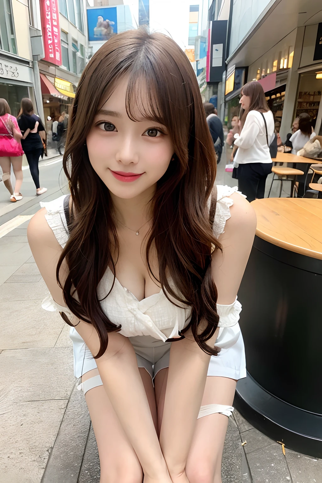 hight resolution, top-quality, Perfect dynamic composition, Beautiful detailed eyes, off shoulders、Radiant hair、Medium Hair, Natural Color Lip, college aged、Harajuku、A slight smil、Crouched figure、M-shaped legs