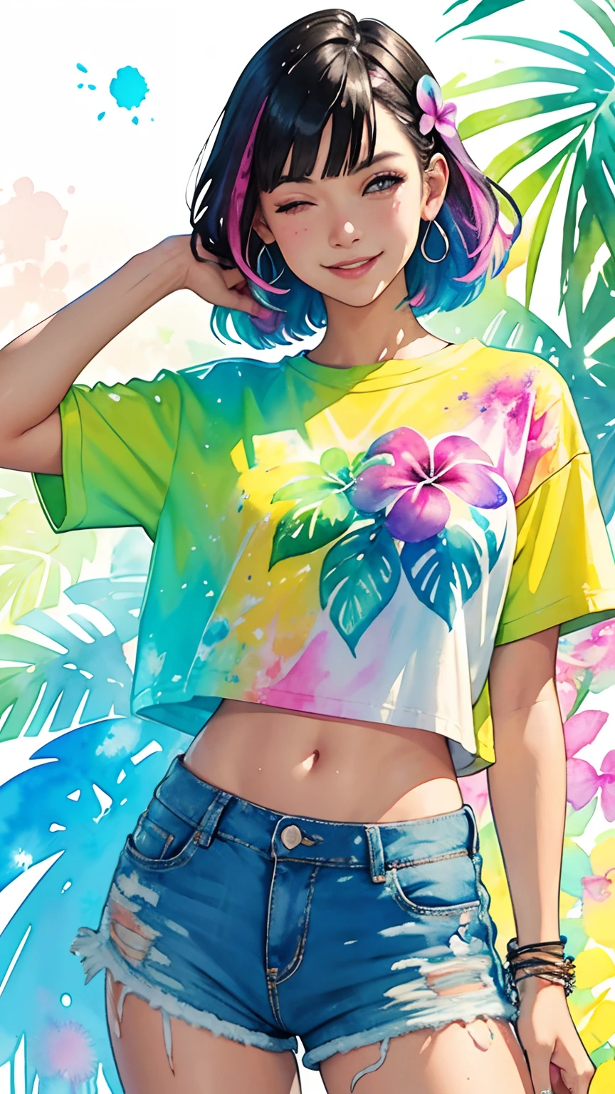 a Plumeria painting with a splatter background and tropical effect, by Adam hughes, plumeria flower design t-shirt and jeans, upper body centered, multi-color hair, closed eyes, big happy smile, watercolor art, watercolor painting, watercolor painting style, watercolor detailed art, watercolor digital painting, watercolor paint, masterfully detailed watercolor, watercolor art