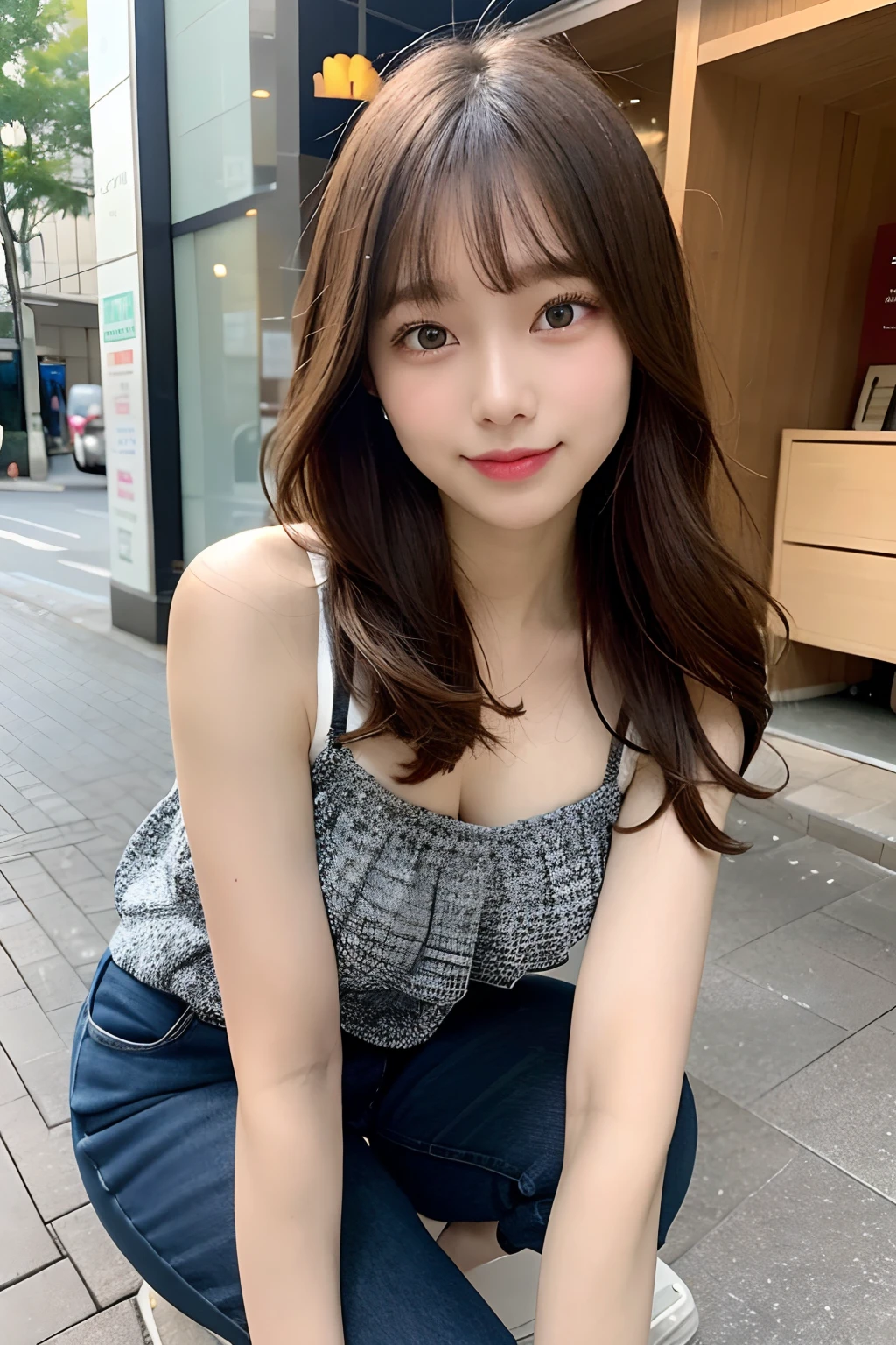 Tabletop, highest quality, figure, Very detailed, In detail, High resolution, 8k wallpaper, Perfect dynamic composition, Beautiful fine details, (dress),Medium Hair, Same as, Natural color lip, Random sexy poses, Big ample breasts、smile, Earrings, necklace, Aoyama Street Walk, 20-year-old girl, Depth of written boundary、Whole Body Ezbian