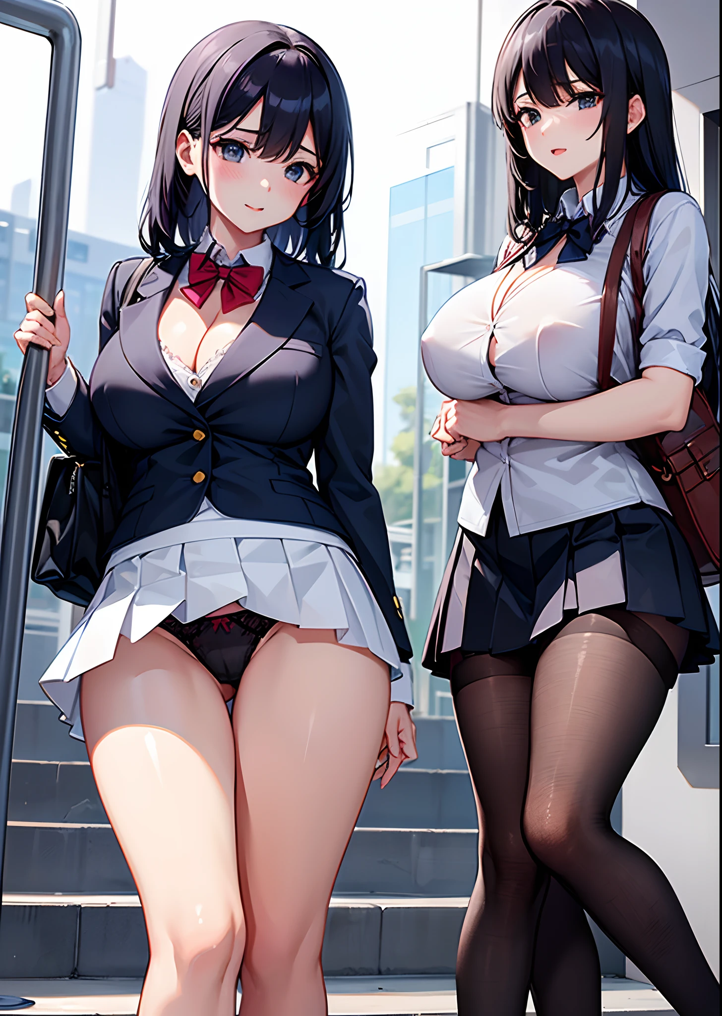 View from below、​master piece,fulcolor,3女の子, train station stairs, School uniform,((Perfect erotic panties)), ((Showing panties)),beautiful thigh、low angles:1.4、Multiple girls in blazers, pleatedskirt, Large crowds, Walking,, masutepiece, Best Quality, Highly detailed,End of summer,After school、tits out、huge tit、cleavage of the breast、teats