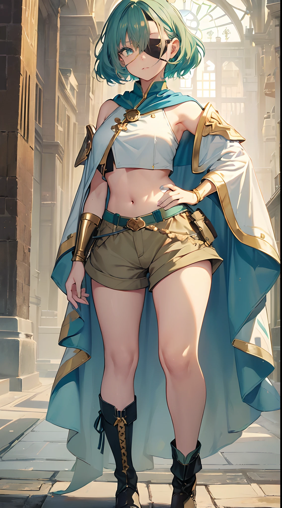 Solo,Absurd resolution、hight resolution、(masterpiece:1.4)、ultra-detailliert、(Detailed finger),(One girl)、((Beautiful detailed girl))、((A detailed face))、clear and beautiful, Character as the main point of view, Radiant skin, Girls, femele, 年轻, (Beige costume),((Eye patch over left eye:1.5))、(blue green hair)、,(Medium aquamarine color hair:1.4),(Habitual hair、short-cut)、(blue green hair:1.6),(Golden Eyes:1.8),(Yellow eyes)kawaii、beautiful countenance、beautidful eyes,((thief))、Fantasy costume,Original Character,、((thief)),(White cloak:1.3),((Costumes of medieval Europe)),,(Colossal tits:0.7), (Black crop top:1.5), (Holter shoulder:1.3),(Khaki shorts:1.3),,(Cape:1.3),(Facing:1.2),(Full body portrait),(Standing:1.3),(shoes on),Simple background、((white backgrounid))