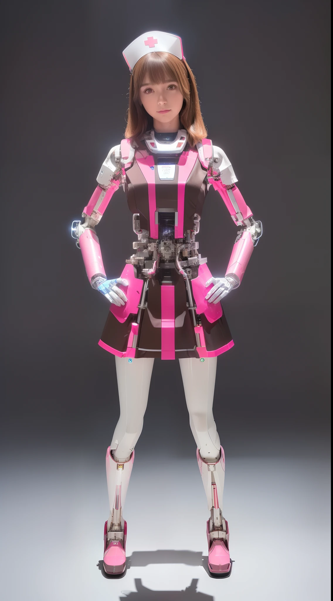 ((masterpiece)), ((top-quality), High quality, ultra-definition, Realistic, full color, One beautiful nurse robot girl, Joints of machines, Frame of the machine, Thick wire joints, Pink nurse Dress Machine Armor, Brown straight hair, Wide Shot,((Electronic substrate)),(Perfect Robot Girl),(Perfect machine body),(Perfect mechanical legs),(Slender body),(Well-proportioned girl),(Standing with legs open),(Hands on hips),(front facing)