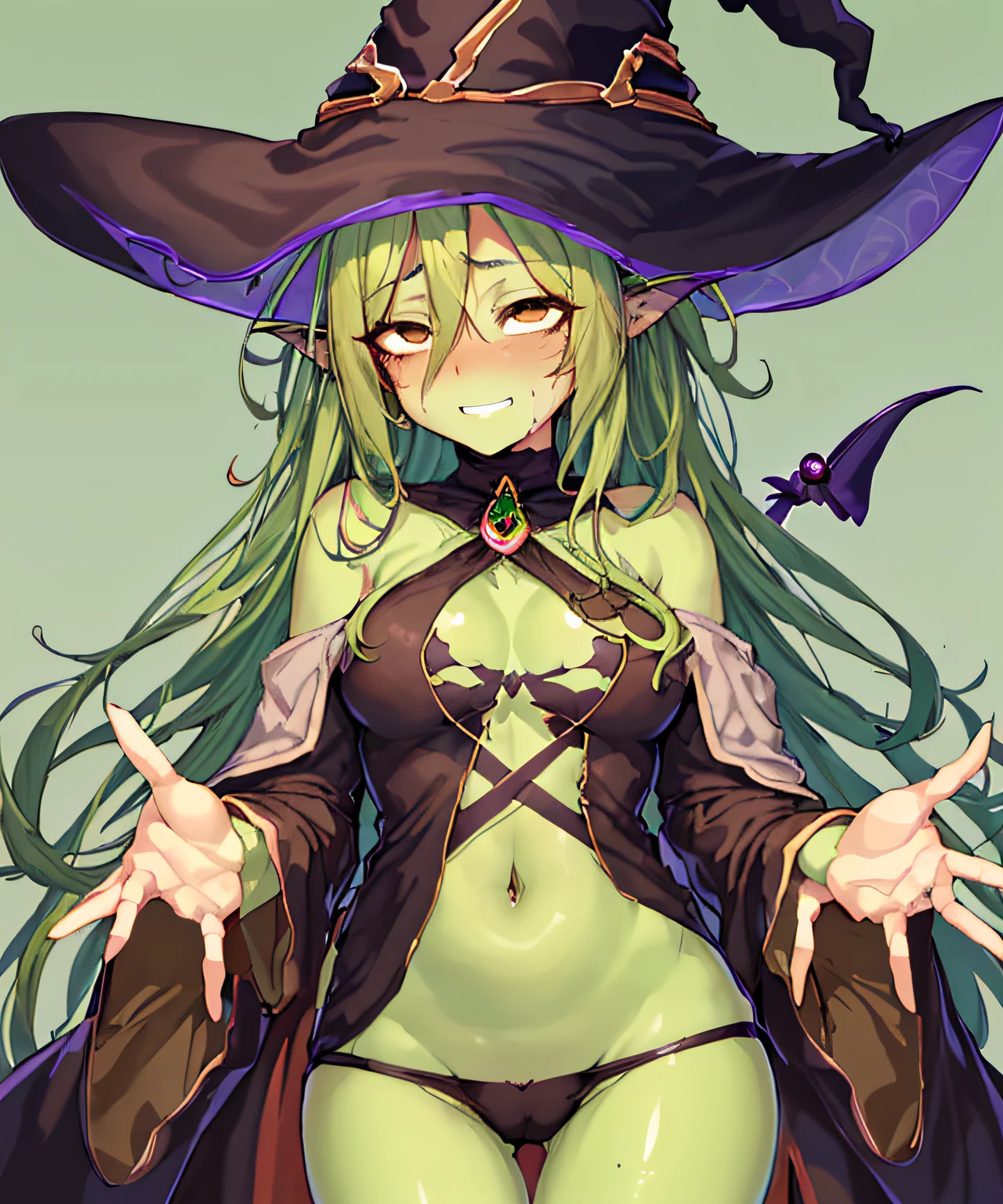1girl, ahg, rolling eyes,
grin, drooling, solo ( 8K, awardwinning, Best Quality), High Definition, Super Detail, high detailing, Anatomically correct, Perfect photo, (masutepiece: 1.3), (green skinned with brown eyes ,Flirty Witch of lust:1.8), (flirting at you sexually while different parts of her bare skin is turning green and spreading 1.1),, ripped sexy black robes, Triangle has, sexy face Plot something、very Detailed hands、Detailed long sexy claw like fingernails 、(young women:1.8)、