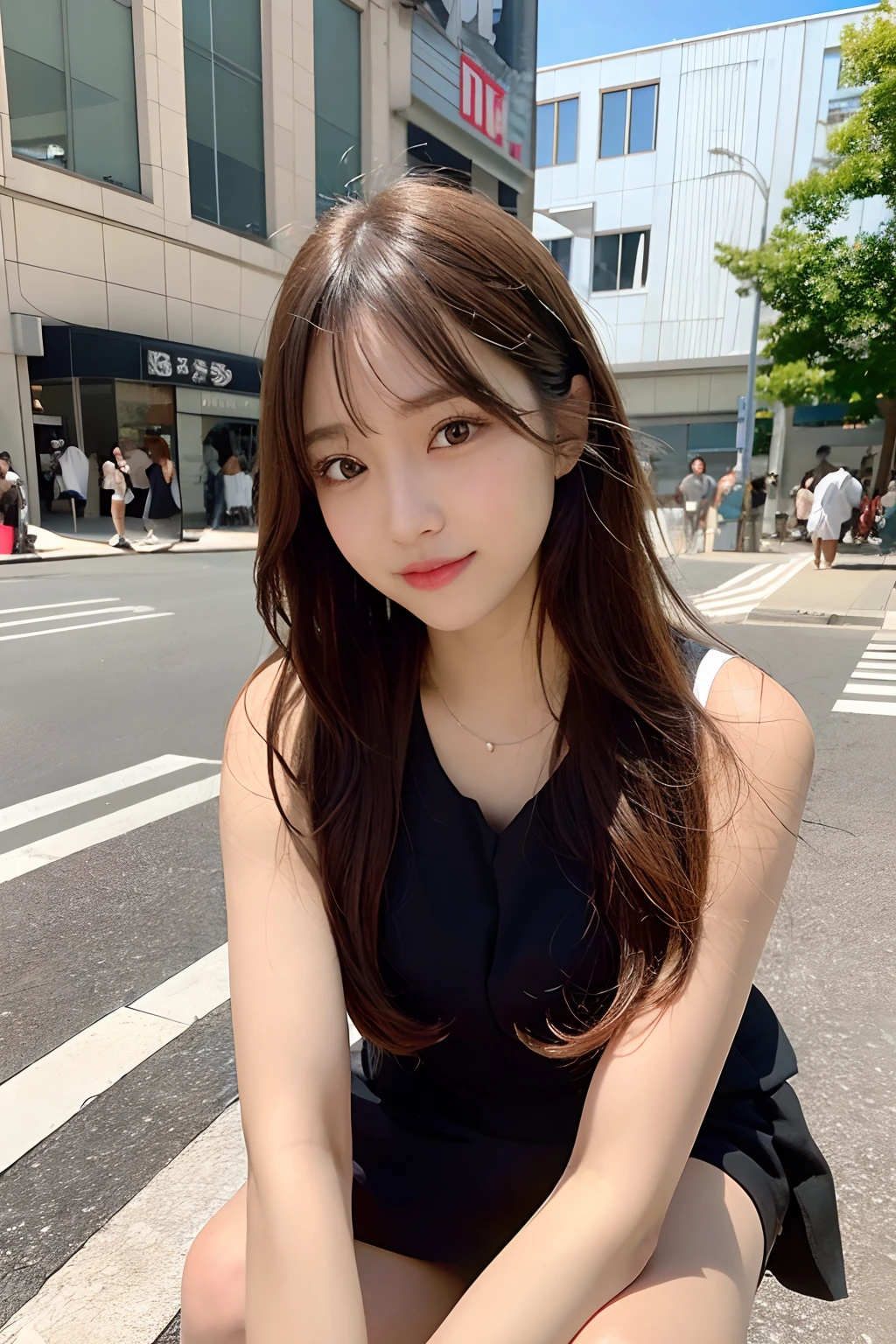 finely, High resolution, high quality、Perfect dynamic composition, beautiful and fine eyes, medium hair, 、Natural color lip,Kamimei、Shibuya Ward、20 year old girl、1 person、transparent skin、shining hair、table top, 最high quality, figure, super detailed, finely, High resolution, 8K、correct state of the human body、squat、hair flying in the wind