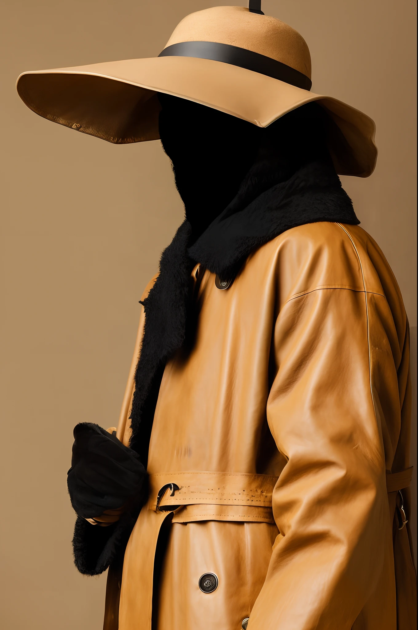 Tsuba wide hat, trench coat, black leather long boots, black leather gloves, Japanese woman, the whole face is veiled and invisible