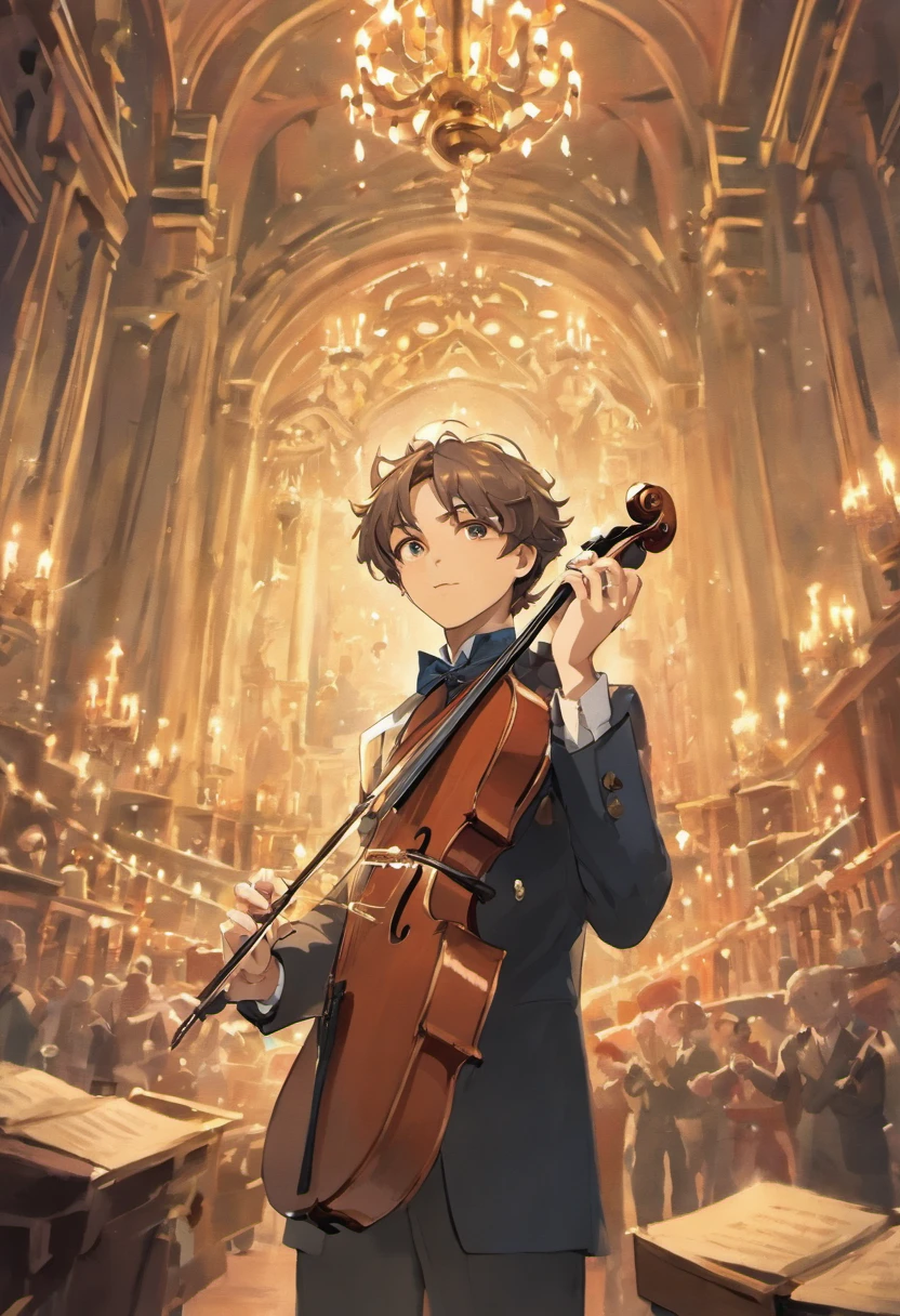 "Imagine uma capa de filme da Disney com um garoto tocando violino. The image shows the boy in a magical setting, com um fundo encantador e cheio de cores vibrantes. The boy is positioned in the center of the image, holding his violin masterfully and expressing passion and determination on his face. Her outfit is elegant and reminiscent of period costumes, with details that make him stand out as a true violinist prodigy.
Ao redor do garoto, There are magical elements that symbolize music and imagination. Colorful birds fly around you, criando uma atmosfera de encanto. Notas musicais flutuam no ar, formando uma melodia visualmente impressionante. No canto inferior da imagem, A sheet music is propped up on a pedestal, indicating the importance of music in the life of this violinist.
The title of the film, 'The Fiddler', aparece em letras chamativas e elegantes, destacando-se no topo da imagem. Below the title, Listed are the names of the actors and director of the film, Adding a professional touch to the cover. Por fim, A prominent phrase at the bottom of the image carries the inspiring message of the film,