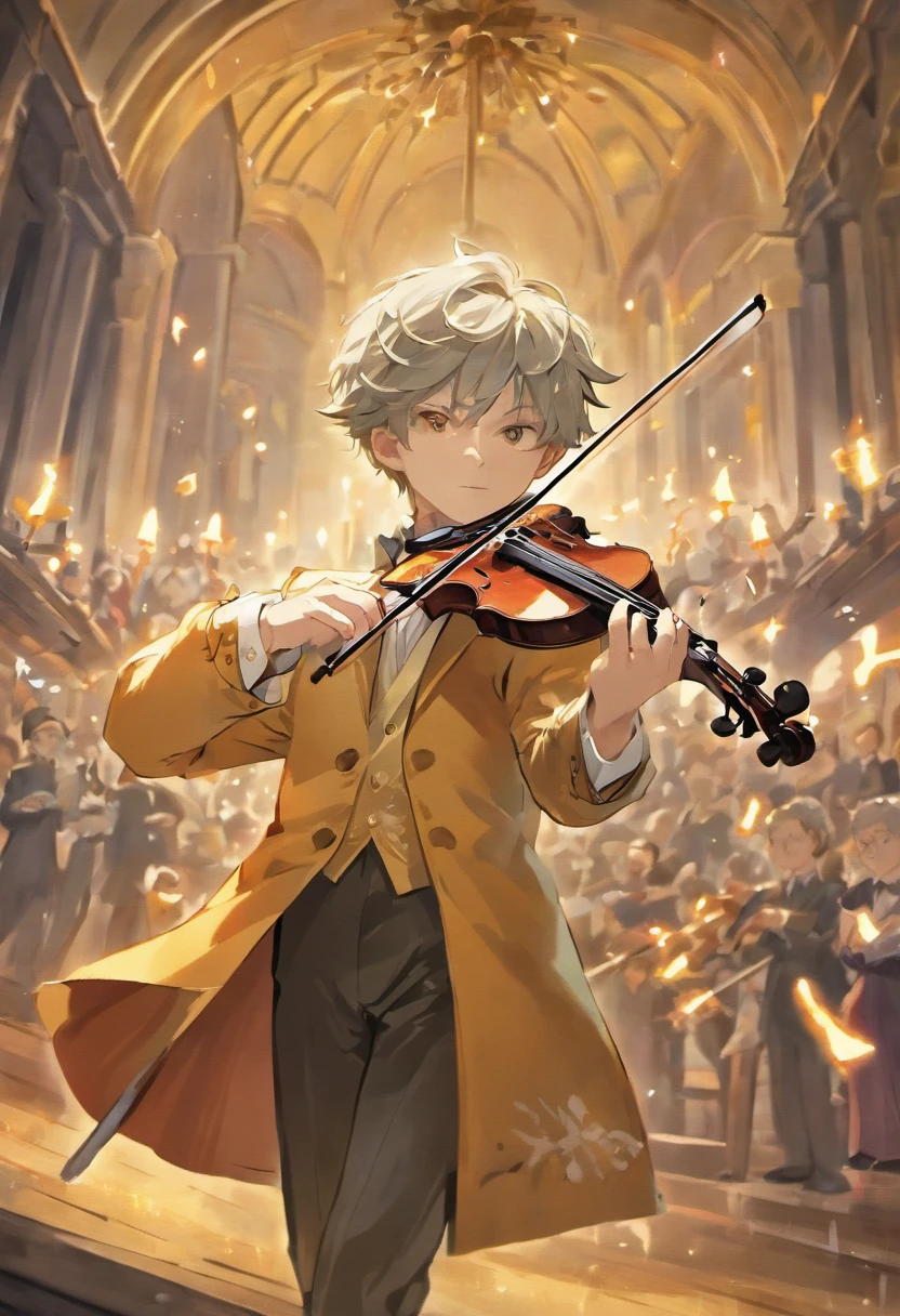 "Imagine uma capa de filme da Disney com um garoto tocando violino. The image shows the boy in a magical setting, com um fundo encantador e cheio de cores vibrantes. The boy is positioned in the center of the image, holding his violin masterfully and expressing passion and determination on his face. Her outfit is elegant and reminiscent of period costumes, with details that make him stand out as a true violinist prodigy.
Ao redor do garoto, There are magical elements that symbolize music and imagination. Colorful birds fly around you, criando uma atmosfera de encanto. Notas musicais flutuam no ar, formando uma melodia visualmente impressionante. No canto inferior da imagem, A sheet music is propped up on a pedestal, indicating the importance of music in the life of this violinist.
The title of the film, 'The Fiddler', aparece em letras chamativas e elegantes, destacando-se no topo da imagem. Below the title, Listed are the names of the actors and director of the film, Adding a professional touch to the cover. Por fim, A prominent phrase at the bottom of the image carries the inspiring message of the film,