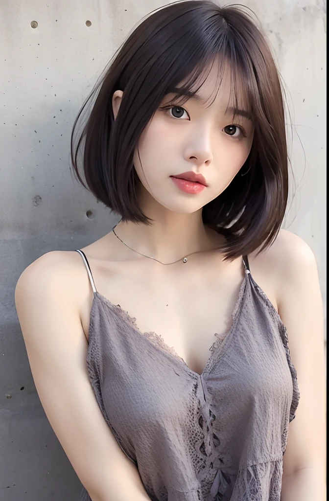 mix4,(top-quality), (Photorealsitic),(Concrete wall background:1.2), 1womanl, The upper part of the body, High Detail Face,, (Very light hair color on the inner)、FujifilmXT3、Bordeaux、、Creates a sleek and powerful look (8K)、Less bangs、(shorth hair:1.3)、(Hair with outward ends:1.4)、Wet hair、ssmile、Delicate and realistic skin and hair、cowboy shot、Patterned lace clothes、(Medium bob hair:1.1)、(Mixed color of black hair and blonde:1.5)、Less hair、adultlike face、Looking here、(Do not expose your shoulders:1.5)、