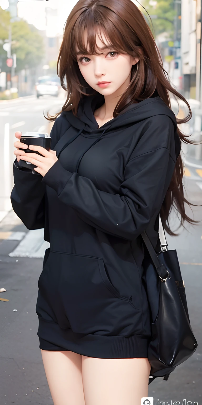 1girl,huge breast, brown hair, black hoodie,black bag, ultra detailed, masterpiece, realistic