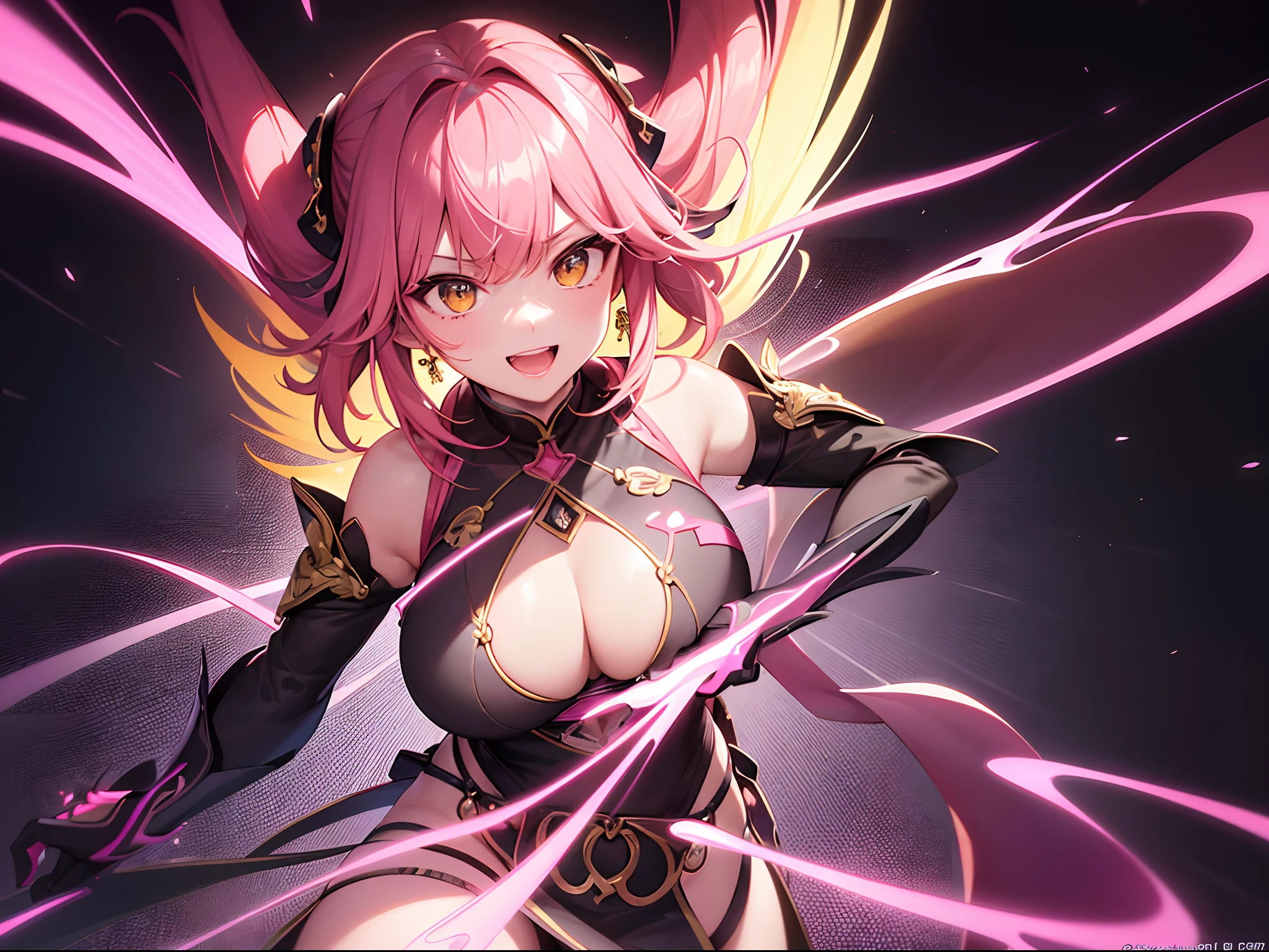 Keqing, standing in front of a black background, surrounded by a vibrant display of neon pink thunderbolts, emanates a joyful energy. Her appearance radiates happiness and her eyes sparkle with delight. The detailed features of her face, including her beautiful eyes and inviting smile, bring life to the artwork. The medium used to create this piece is a stunning combination of digital art and photorealistic rendering, resulting in a visually striking masterpiece. The high resolution and ultra-detailed depiction showcases the artist's professionalism and attention to detail. The vivid colors and sharp focus further enhance the overall aesthetic, bringing the artwork to life. The neon pink thunderbolts add a touch of excitement and energy, perfectly complementing Keqing's expression of joy. The black background creates a striking contrast, allowing Keqing to shine brightly. The lighting in the artwork is carefully designed to highlight her features and create a captivating ambiance.