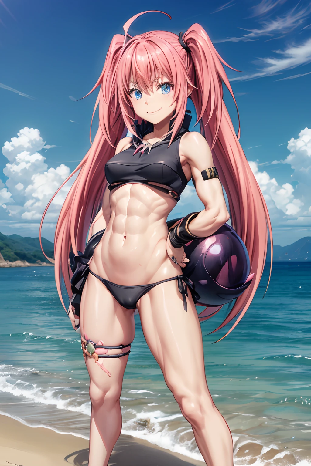 1Female, Tensei Shitara Slime Datta Ken(((Milim Nava))), Demon Lord King、Milim Nava's masterpiece body、High Quality, Armor black bikini,、Accurate Milim Face, (blue eyes,、pink hair, 、two-tailed、Proud double tails、barefoot, medium feet, ultra quality rounded toes, Ultra Detailed, rounded nails painted in black nail polish, Ultra Detailed、medium, (((smile))),(((muscular belly))), na beach, (((Muscular legs))), Ultra Detailed Face, (((arms crossed))), standing