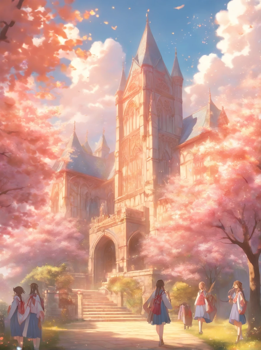 Setting: Medieval fantasy school surrounded by nature.
Background:
Sky: Create a dazzling, mesmerising sky filled with a burst of vibrant colours—blues, pinks, purples, and golds. The horizon should hint at the dreamlike magic of the setting.
Atmosphere: Allow the colours of the sky to reflect and give the whole scene a magical glow, symbolising the enchantment within the school. Add in wispy, dreamy clouds that seem to dance and play in the light of the horizon.
Middle Ground:
Flora: Dot the surroundings with delicate pink blossoms on trees, swaying gently with the breeze. These blossoms serve as a beautiful transition, merging the ethereal beauty of the sky with the architectural grandeur of the school.
Architecture: Capture the school’s medieval design, with tall spires, intricate carvings, and arched windows. Allow it to stand regally amidst nature, yet in harmony with it.
Foreground:
Characters: Position two anime girls, dressed in 'seifuku' (traditional school uniforms). Their expressions should be carefree and joyous, capturing the essence of youth and discovery.
Props & Position: Have the girls seated on an ornately designed wooden bench.
Extras:
Angle & Depth: For a dynamic perspective, use a slightly tilted angle to lend depth and drama to the scene.
Quality & Composition: Ensure the final piece is of high quality, resembling a masterpiece. The composition should be balanced, drawing the viewer's eye across the entire scene, from the dreamy sky, through the blossoming trees, and finally resting on the lively characters in the foreground.
Final Touches: Use splash art techniques for the sky, especially around the horizon, to amplify its ethereal beauty.
