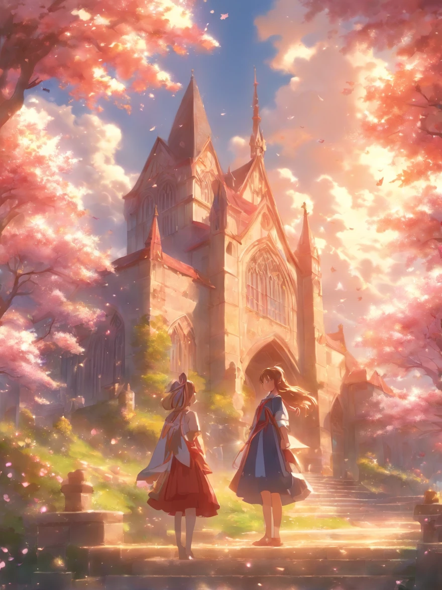 Setting: Medieval fantasy school surrounded by nature.
Background:
Sky: Create a dazzling, mesmerising sky filled with a burst of vibrant colours—blues, pinks, purples, and golds. The horizon should hint at the dreamlike magic of the setting.
Atmosphere: Allow the colours of the sky to reflect and give the whole scene a magical glow, symbolising the enchantment within the school. Add in wispy, dreamy clouds that seem to dance and play in the light of the horizon.
Middle Ground:
Flora: Dot the surroundings with delicate pink blossoms on trees, swaying gently with the breeze. These blossoms serve as a beautiful transition, merging the ethereal beauty of the sky with the architectural grandeur of the school.
Architecture: Capture the school’s medieval design, with tall spires, intricate carvings, and arched windows. Allow it to stand regally amidst nature, yet in harmony with it.
Foreground:
Characters: Position two anime girls, dressed in 'seifuku' (traditional school uniforms). Their expressions should be carefree and joyous, capturing the essence of youth and discovery.
Props & Position: Have the girls seated on an ornately designed wooden bench.
Extras:
Angle & Depth: For a dynamic perspective, use a slightly tilted angle to lend depth and drama to the scene.
Quality & Composition: Ensure the final piece is of high quality, resembling a masterpiece. The composition should be balanced, drawing the viewer's eye across the entire scene, from the dreamy sky, through the blossoming trees, and finally resting on the lively characters in the foreground.
Final Touches: Use splash art techniques for the sky, especially around the horizon, to amplify its ethereal beauty.