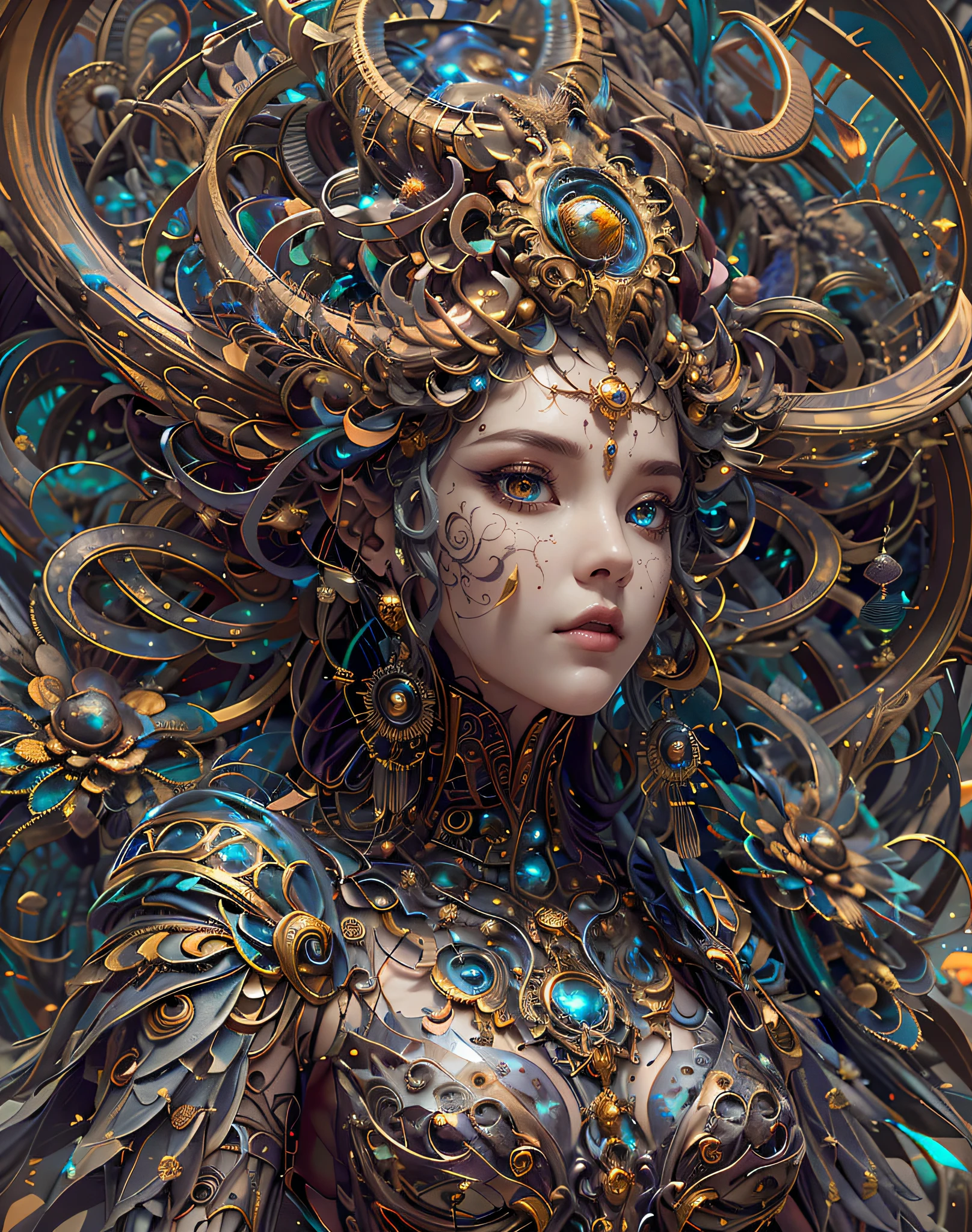 （best qualtiy，ultra - detailed，Most Best Illustration，Best shadow，tmasterpiece，A high resolution，professionalartwork，famousartwork），Detailed eyes，beautidful eyes，closeup cleavage，sci-fy，colored sclera，light blue Eye color, Robot eyes，face markings，Tattooed with，（fractalized，Fractal eyes），largeeyes，Wide eyes，（Eye focus），sface focus，Cosmic eyes，Space eyes，Close-up of metal sculpture of a woman with a moon in her hair，goddes。extremly high detail，3 d goddess portrait，Extremely detailed footage of the goddess，a stunning portrait of a goddess，Side image of the goddess，portrait of a beautiful goddess，Full body close-up portrait of the goddess，hecate goddess，portrait of a norse moon goddess，goddess of space and time,