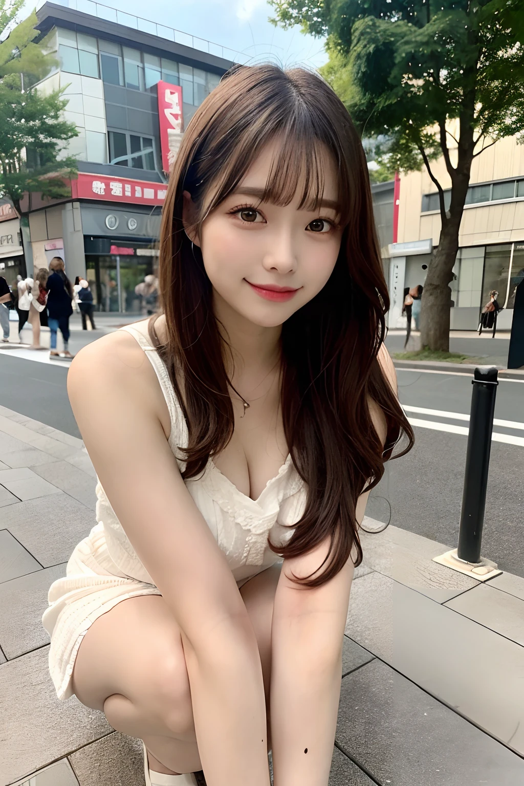 hight resolution, top-quality, Perfect dynamic composition, Beautiful detailed eyes, off shoulders、Radiant hair、Medium Hair, Natural Color Lip, college aged、Harajuku、A slight smil、Crouched figure、M-shaped legs