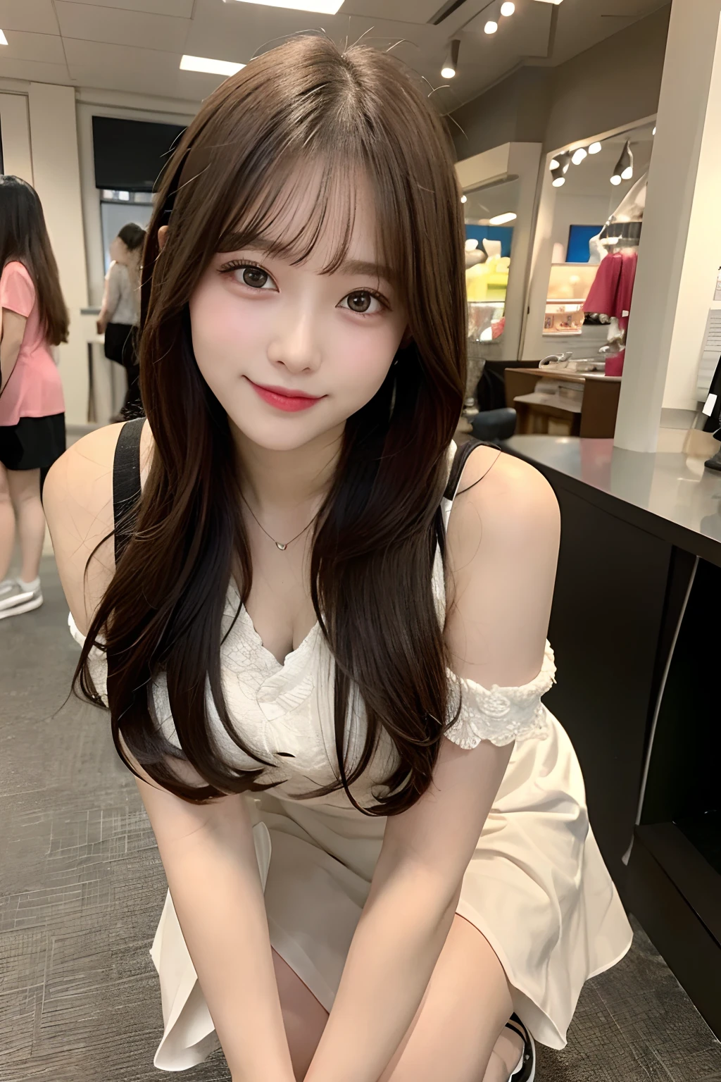 table top, highest quality, figure, super detailed, finely, High resolution, 8k wallpaper, 完璧なダイナミックな構figure, beautiful and fine eyes, winter dress,medium hair, small breasts, natural color lip,smile,big city、20 year old girl、midnight、beautiful and detailed face、perfect and beautiful face、slim face and style,spread your arms wide,Big eyes,Take a photo from below the knees at a face angle