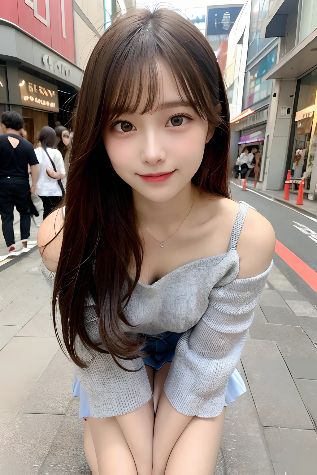 seed;88117315,((Full Body Angle))、((Front hair:1.3))、((Highest quality, 8k, masterpiece: 1.3)), concentrated: 1.2, Cute girl 1,Nipples erect、 Perfect beauty: 1.4,Summer off-the-shoulder cropped T-shirt、Letter Print、Shorts: 1.2,Long sleeve、Randall Color、comics&Text Graphics、Black ruffle-trimmed drawstring zip blouse,1.1, Highly detailed face and skin textures, Fine grain, double eyelid, whitening skin, ,Highest quality,Ultra-high resolution,you,1 girl,alone,_Shiny_skin,Iris,necklace,((brown_length_Wavy_hair)),(lips)),eyelash,Front hair,deal with,compensate,Shiny,pore,skin,Large Breasts、((smiling face))、stroll、Selfie、