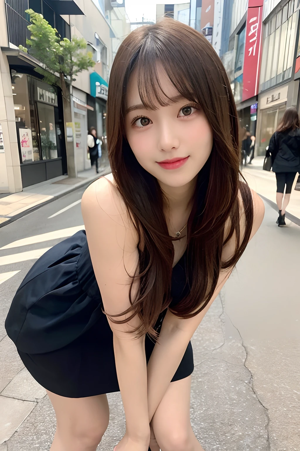 hight resolution, top-quality, Perfect dynamic composition, Beautiful detailed eyes, off shoulders、Radiant hair、Medium Hair, Natural Color Lip, college aged、Harajuku、A slight smil、Crouched figure、M-shaped legs、I can see panties、